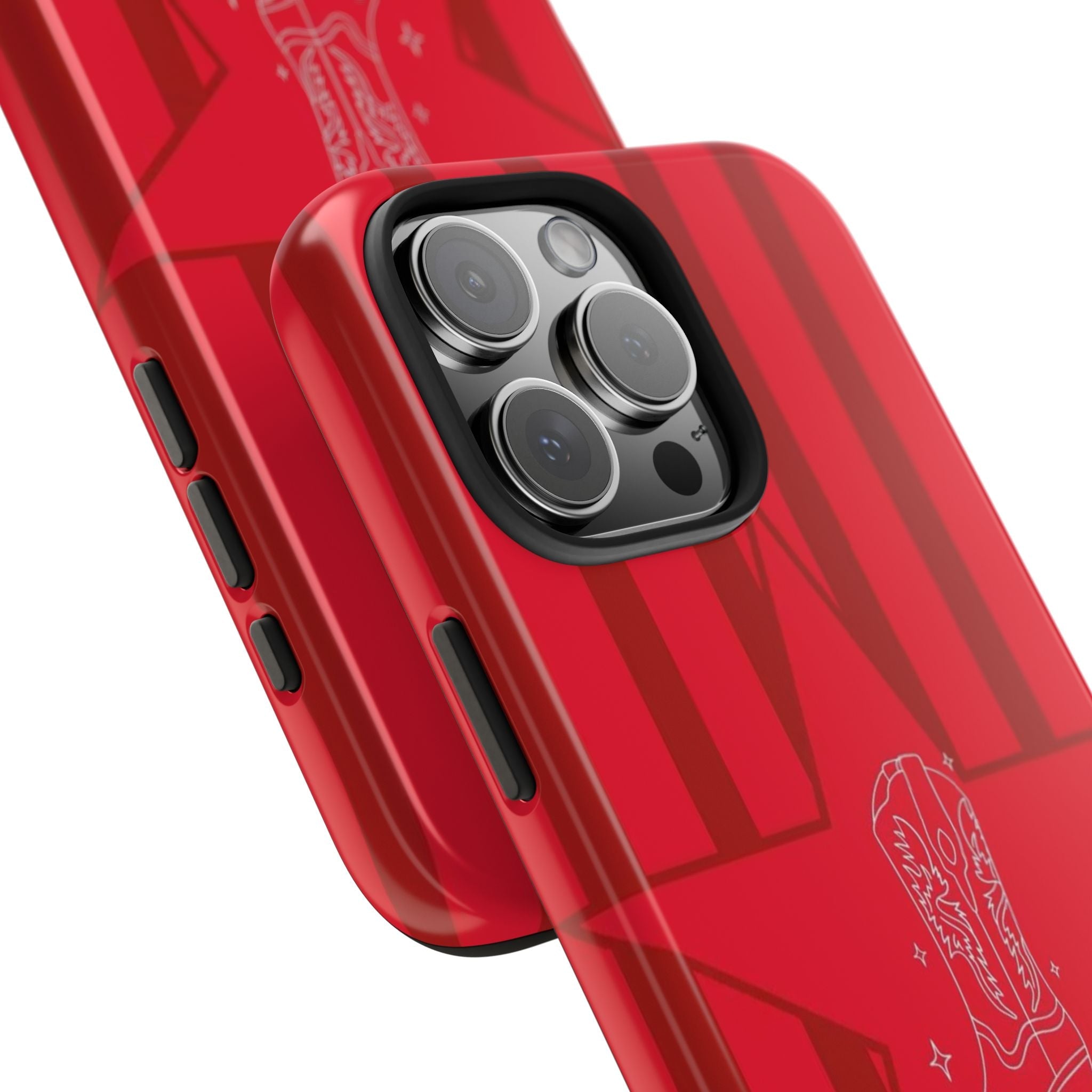 Angle view red striped boots phone case with camera cutouts visible