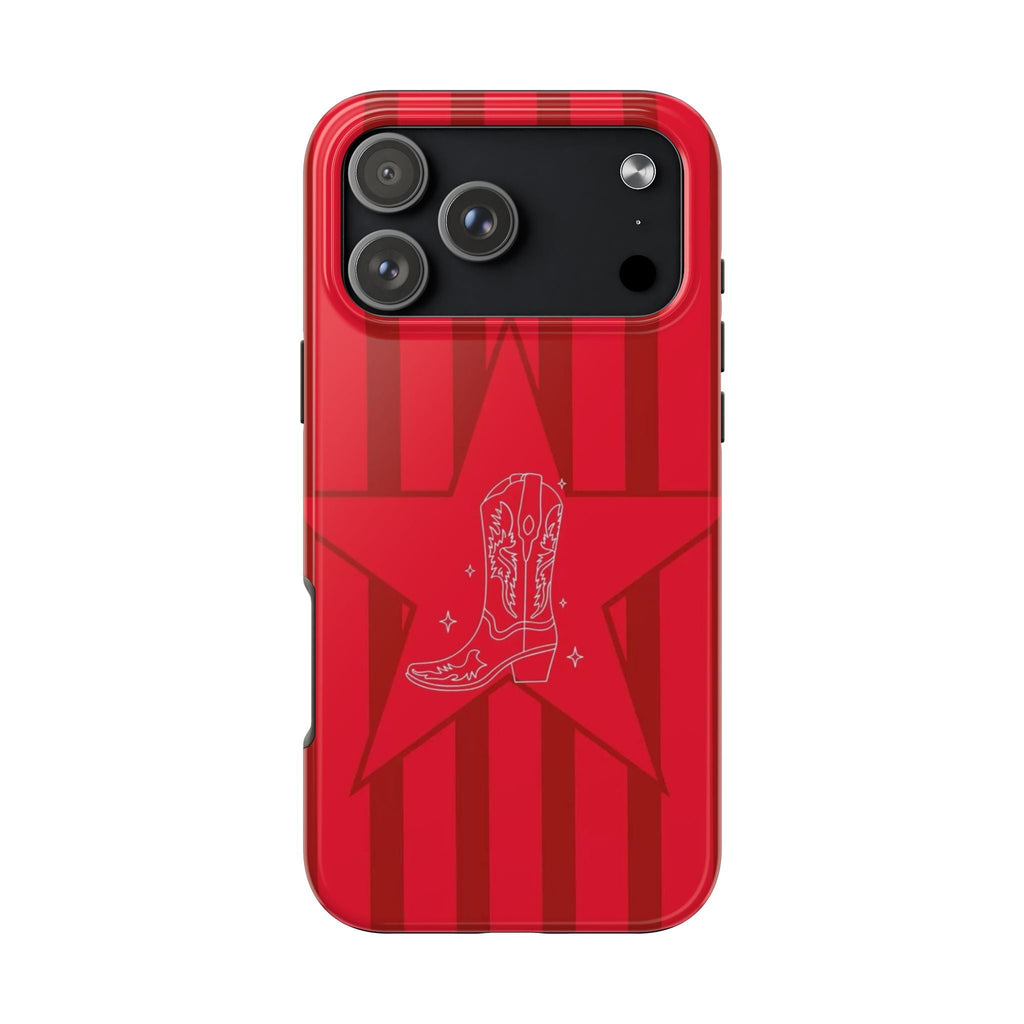 Red striped boots phone case with star graphic on hard shell