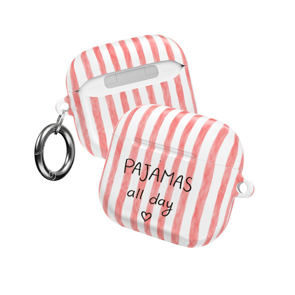Red striped AirPods case with "PAJAMAS all day" text and carabiner key ring
