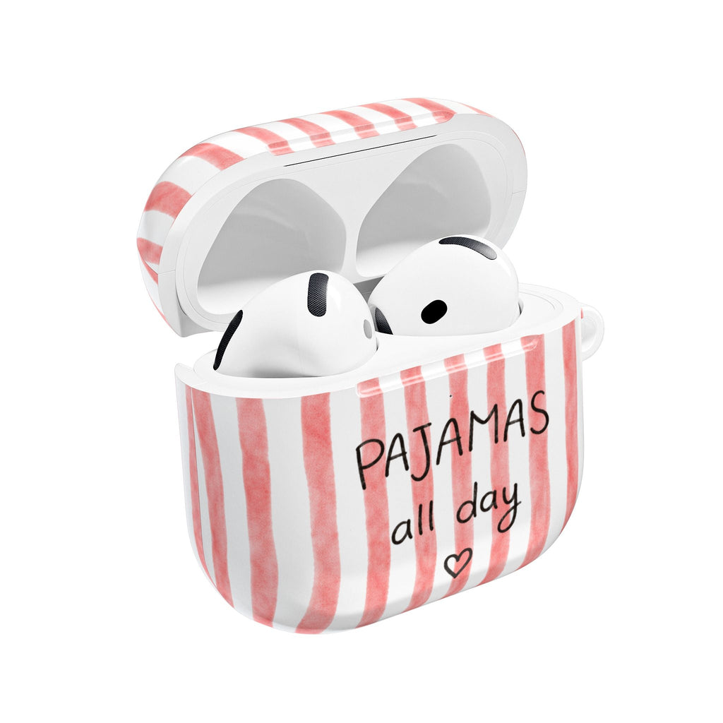 Red striped AirPods case, open lid, "PAJAMAS all day" text, with AirPods inside