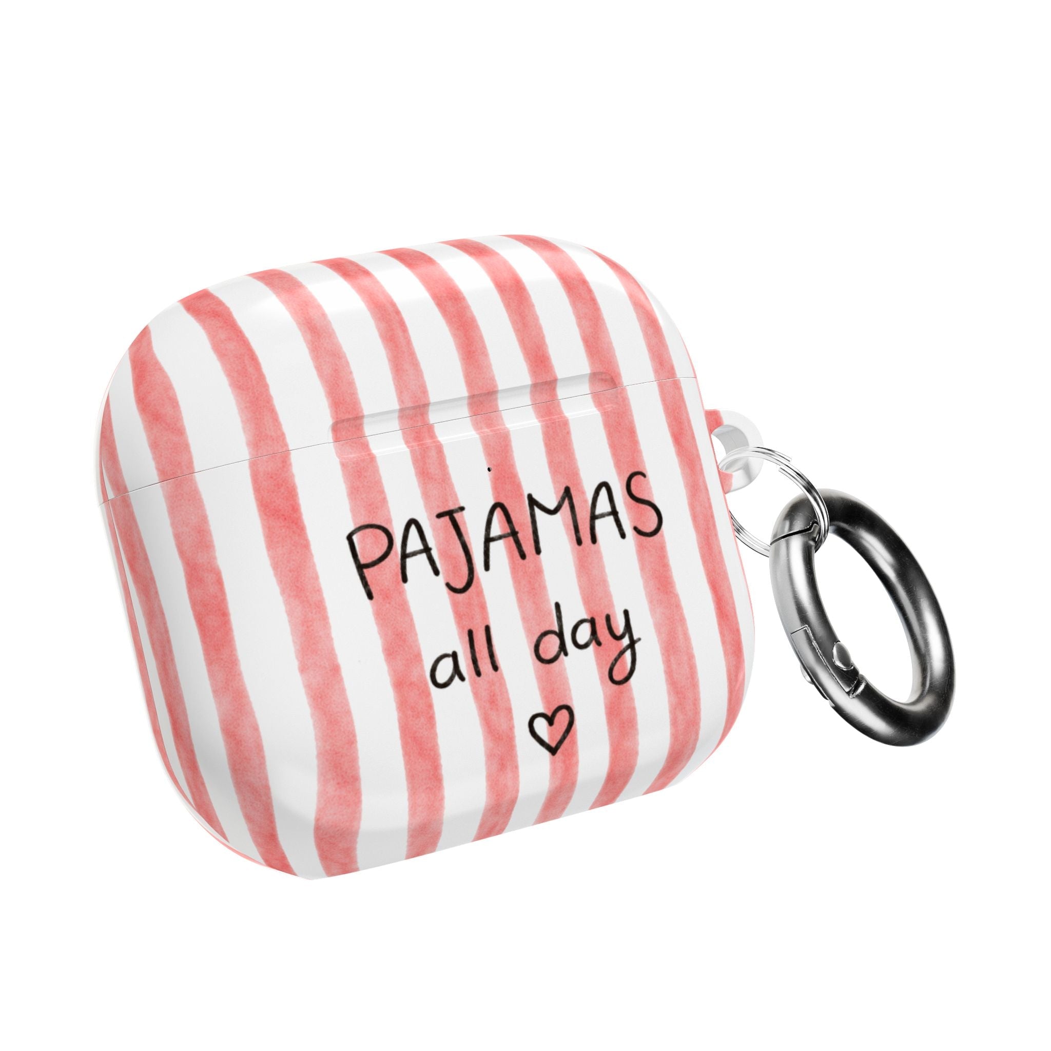 Red striped AirPods case with "PAJAMAS all day" text and metal key ring