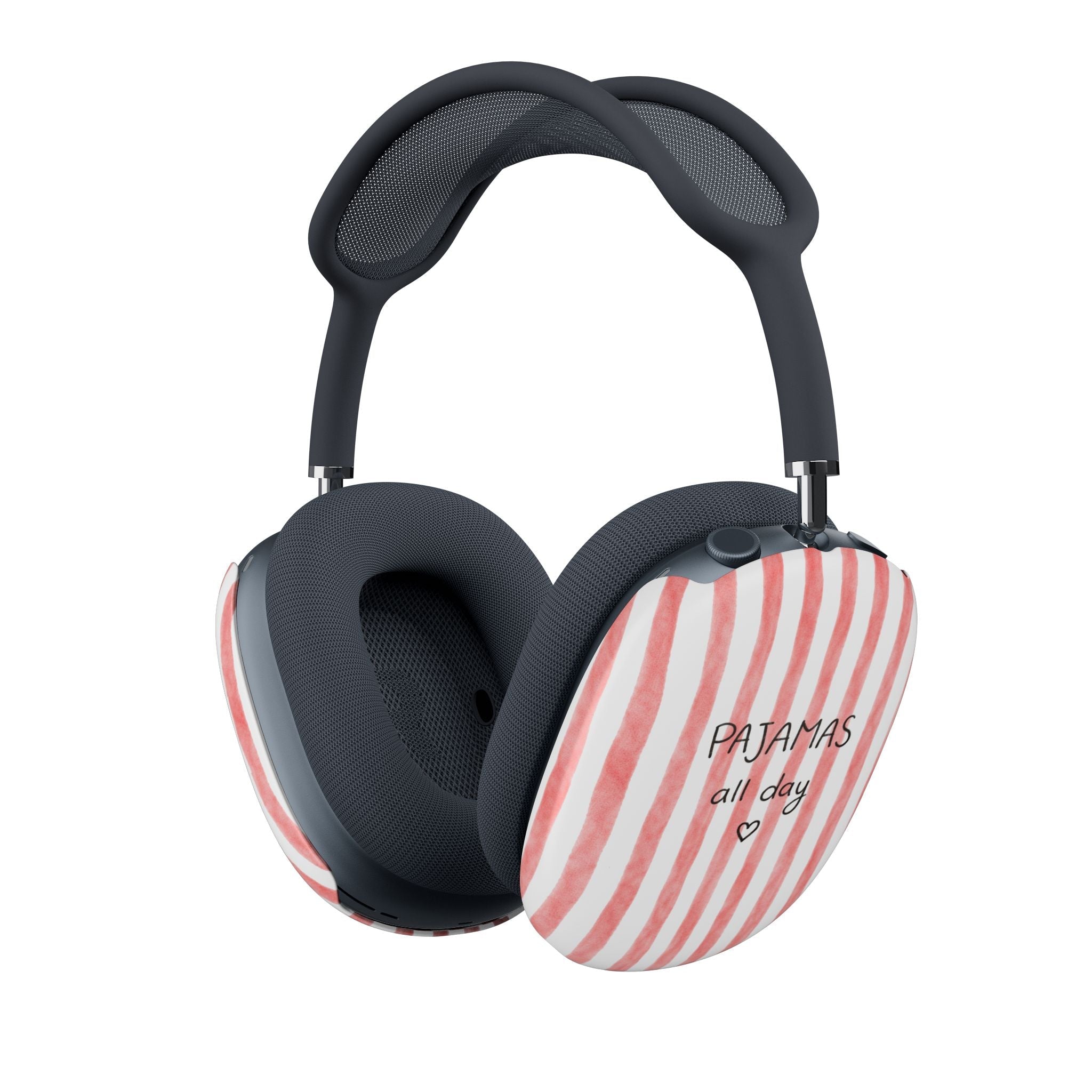 Red-and-white striped AirPods Max ear cup covers with 'Pajamas all day' text