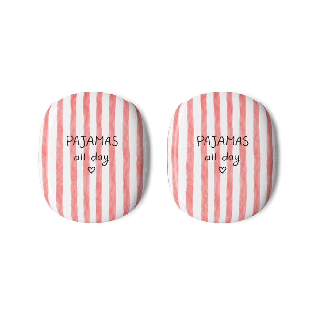 Two round ear cup covers, red-and-white stripes, 'Pajamas all day' print