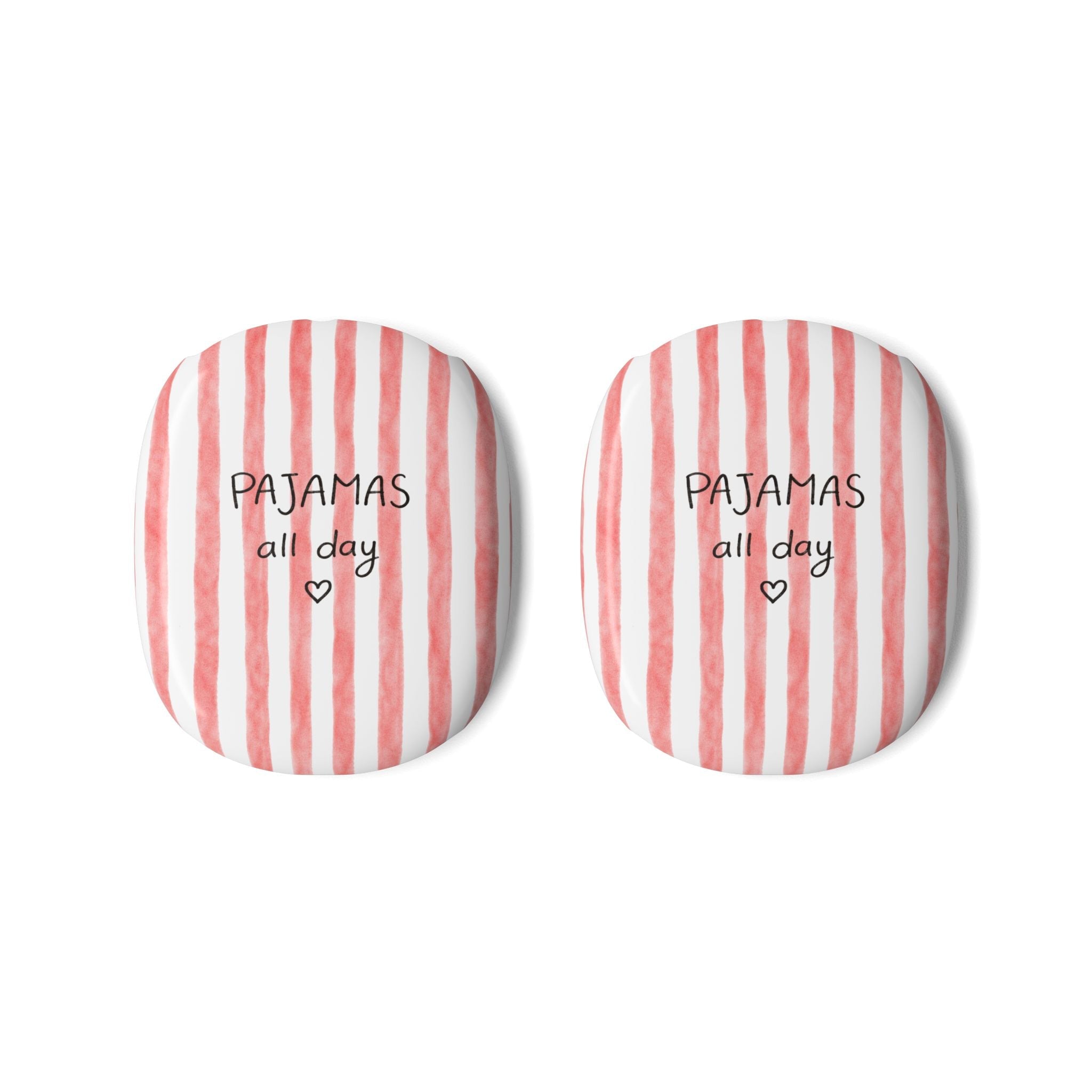 Two round ear cup covers, red-and-white stripes, 'Pajamas all day' print