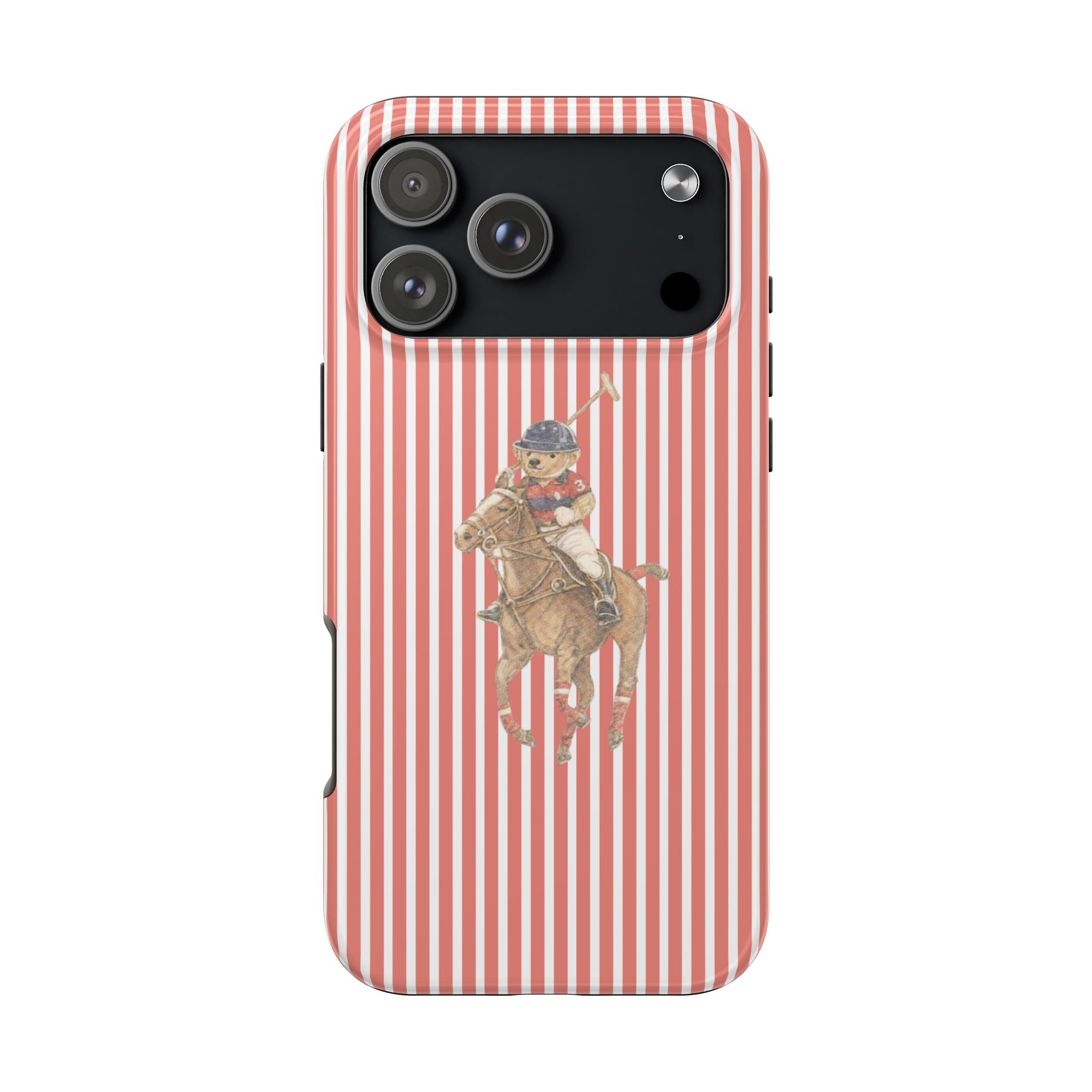 Red-and-white vertical striped phone case with cowboy teddy bear graphic and camera cutouts