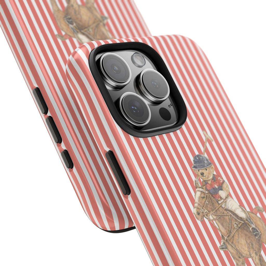 Angled view of red-and-white striped phone case with cowboy teddy bear and side buttons