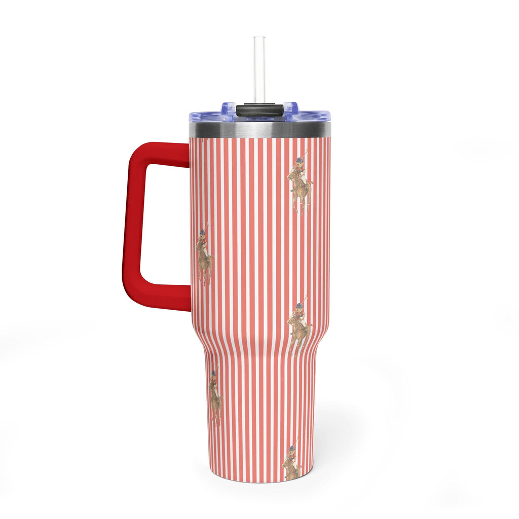 Red-and-white striped 40oz stainless tumbler with teddy bear graphics, red side handle