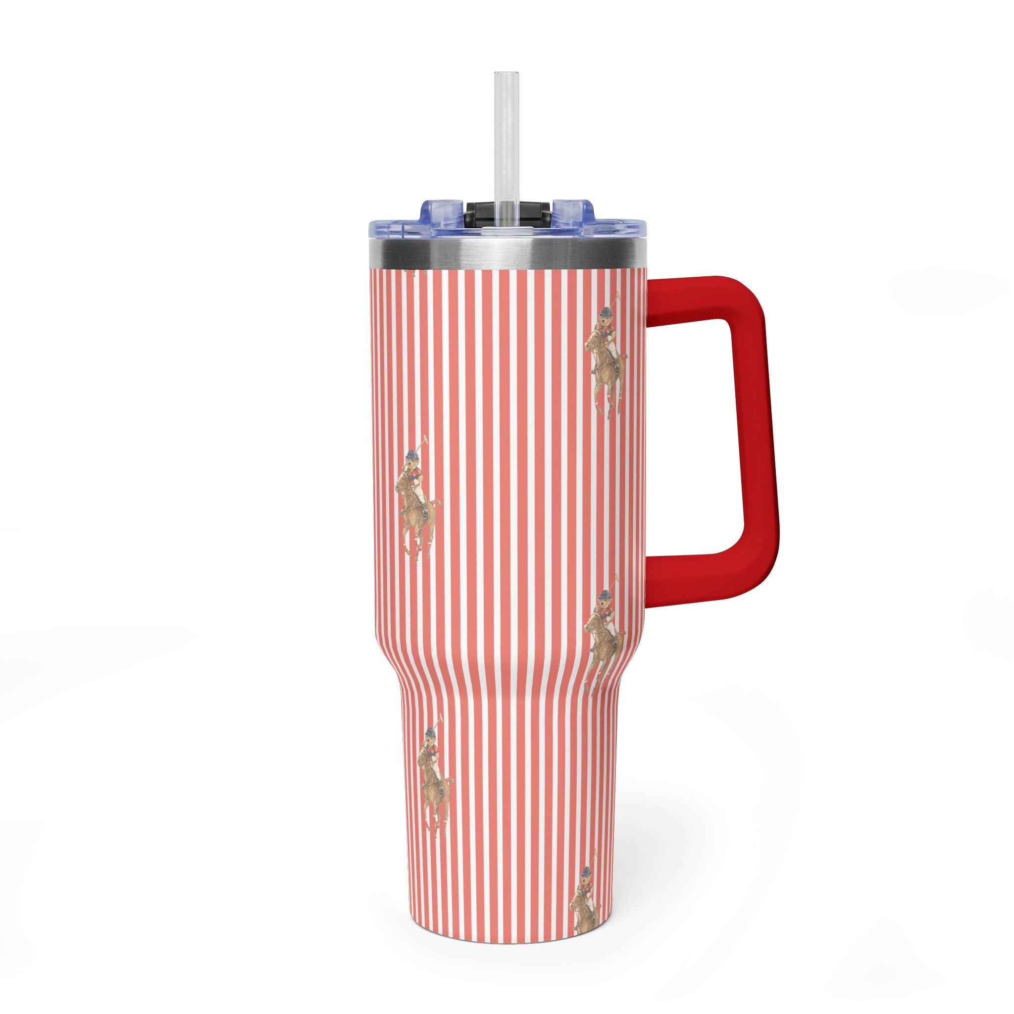 Red-and-white striped 40oz stainless tumbler with teddy bear prints, red handle