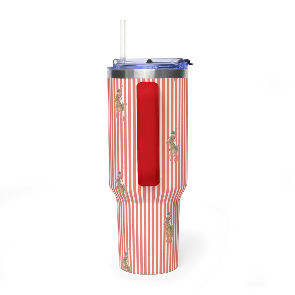 Red-and-white striped 40oz tumbler with teddy bear prints, red carry slot and straw
