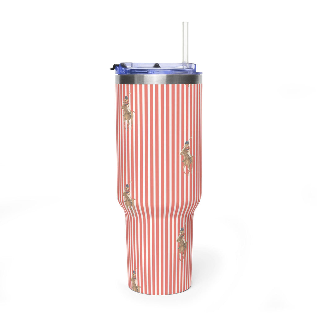 Red-and-white striped 40oz stainless tumbler with teddy bear graphics and clear straw