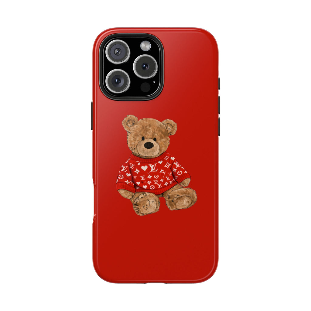 Red phone case with teddy bear wearing a red patterned sweater