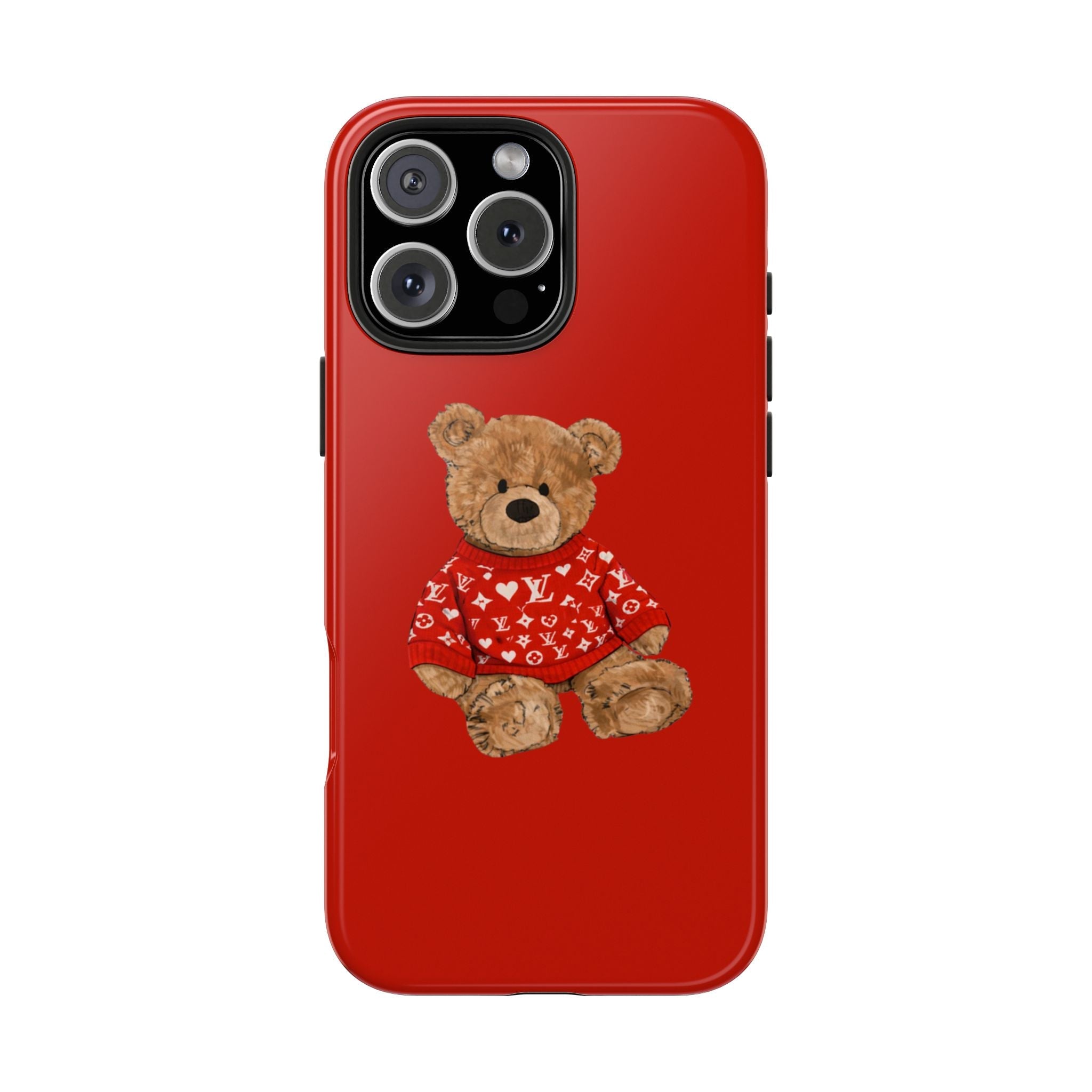 Red phone case with teddy bear wearing a red patterned sweater