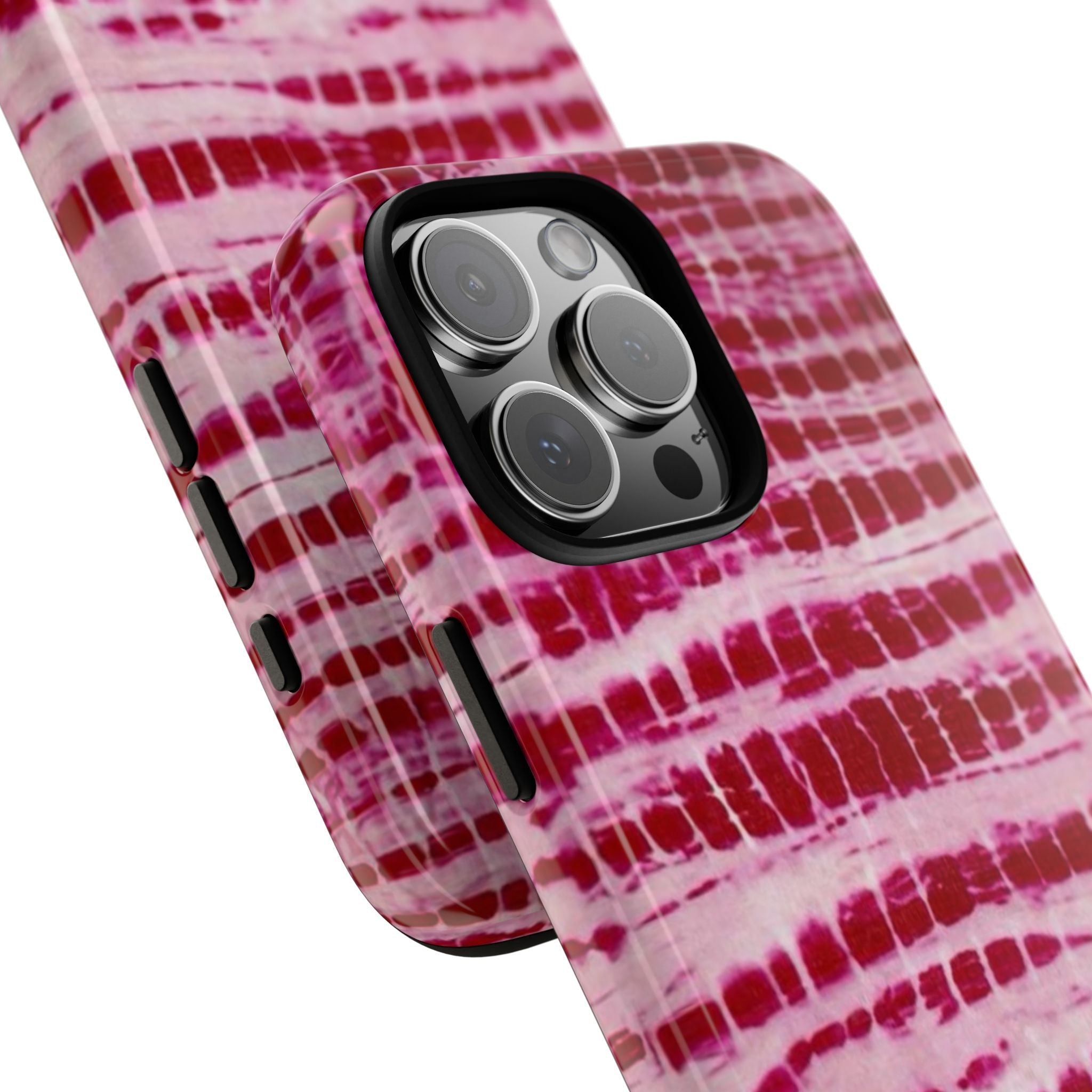 Red tie-dye phone case with diagonal angle view, camera lenses and speaker cutouts.