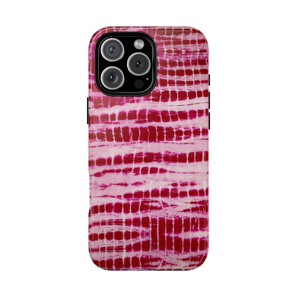 Red tie-dye phone case with raised camera cutouts on a glossy finish.