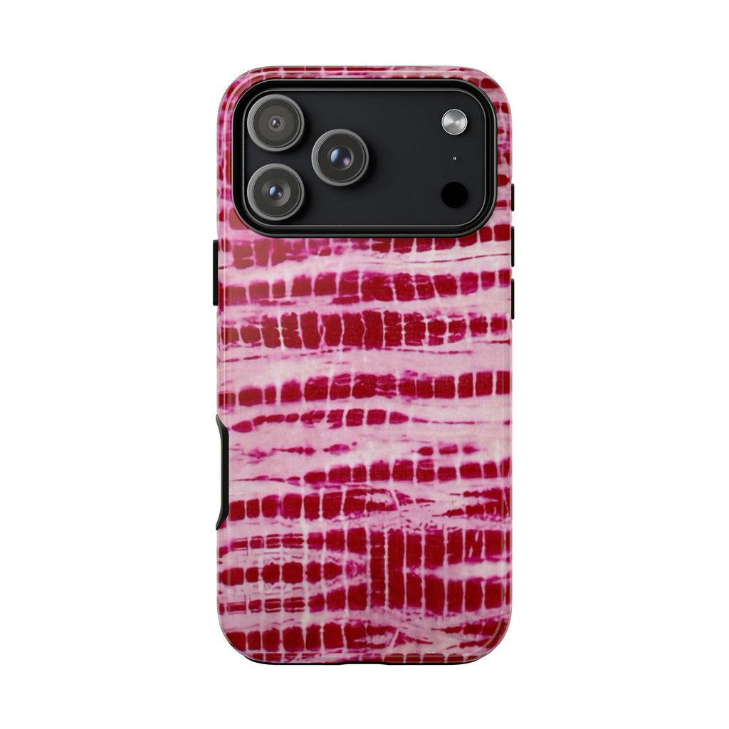 Red and white tie-dye phone case, showing camera lens cutout and side buttons.
