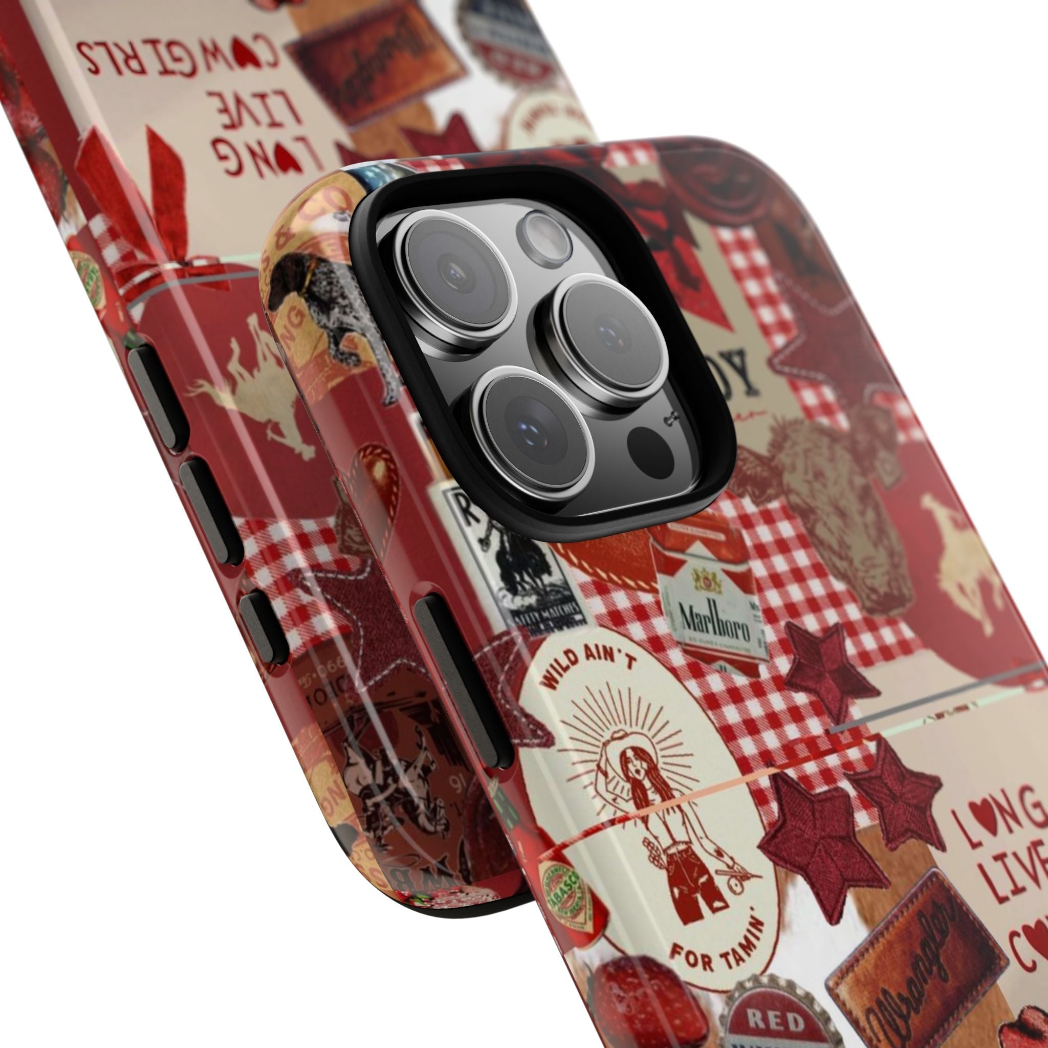 Angled view of red vintage cowgirl phone case with star decals and lens openings