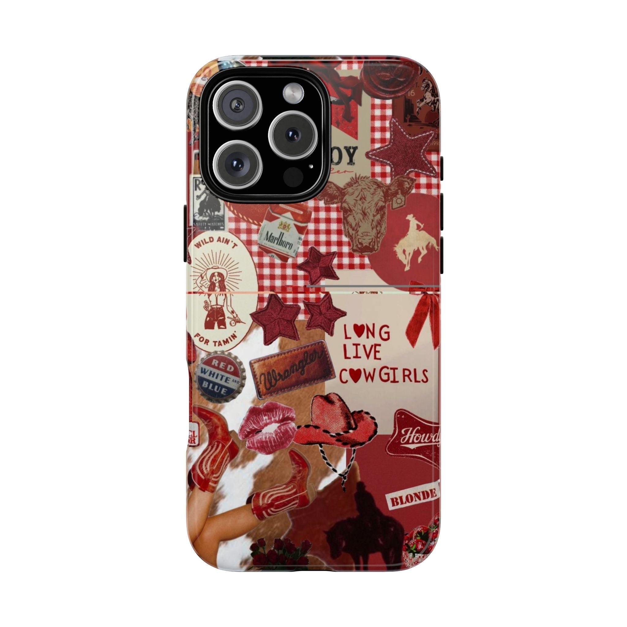 Red vintage cowgirl collage phone case with patchwork prints and star accents