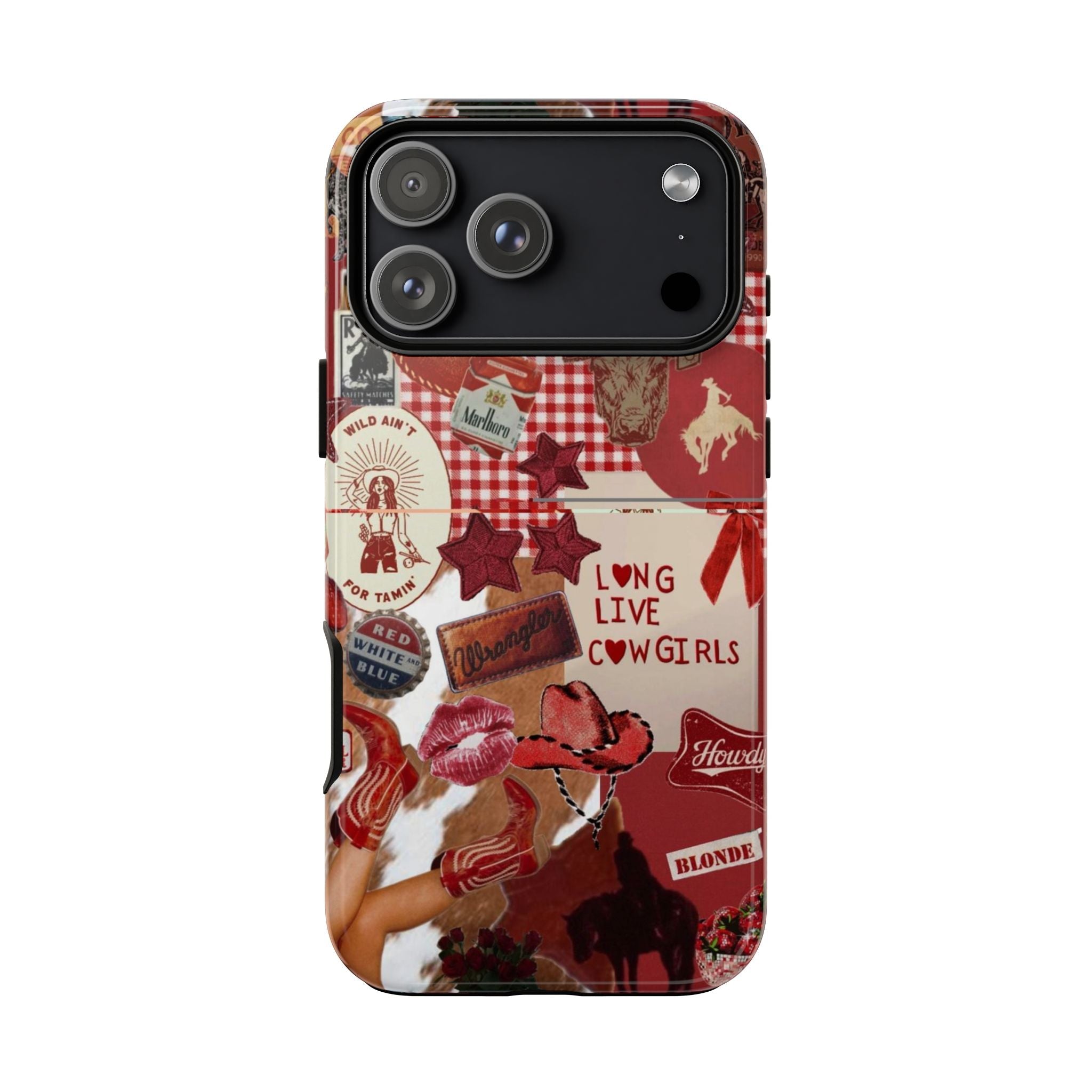 Red vintage cowgirl phone case with western collage graphics and camera cutout