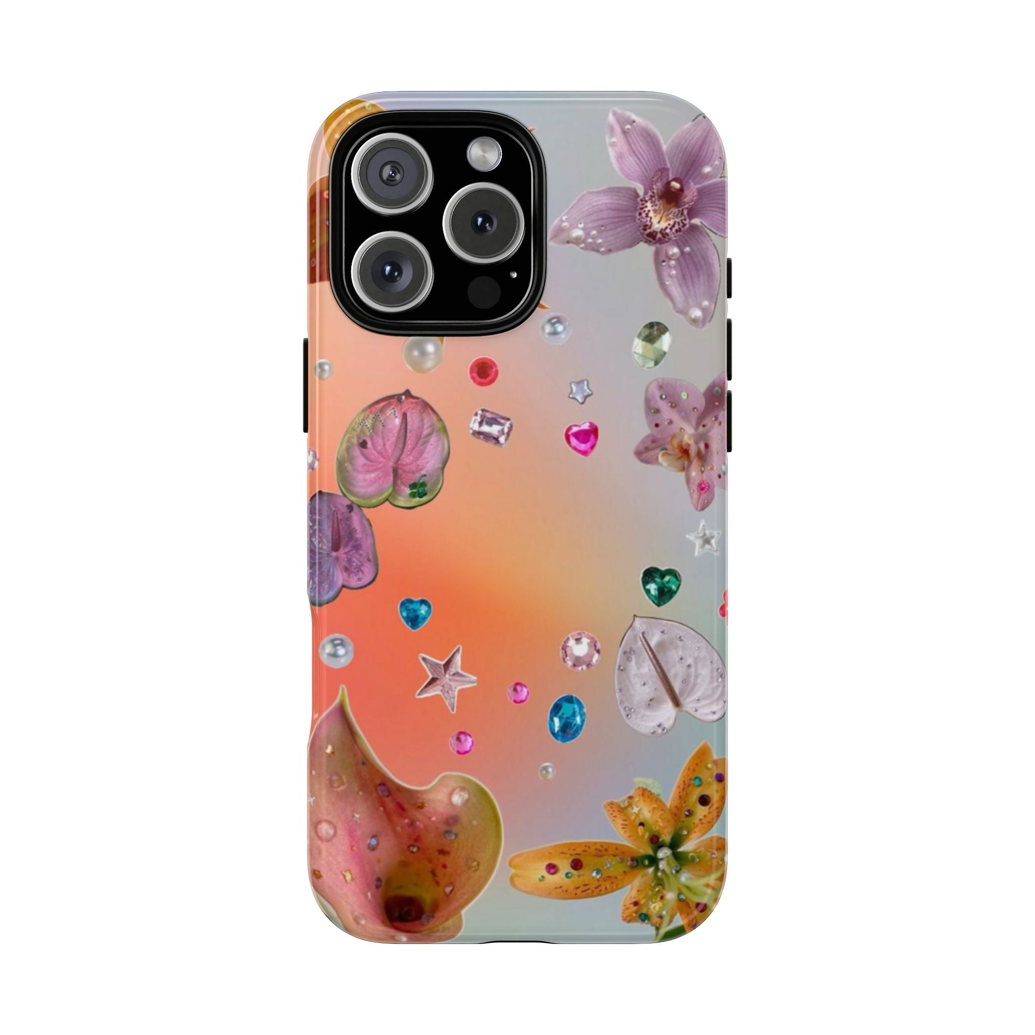 Rhinestone floral phone case with pink lilies, stars, hearts, and crystal accents