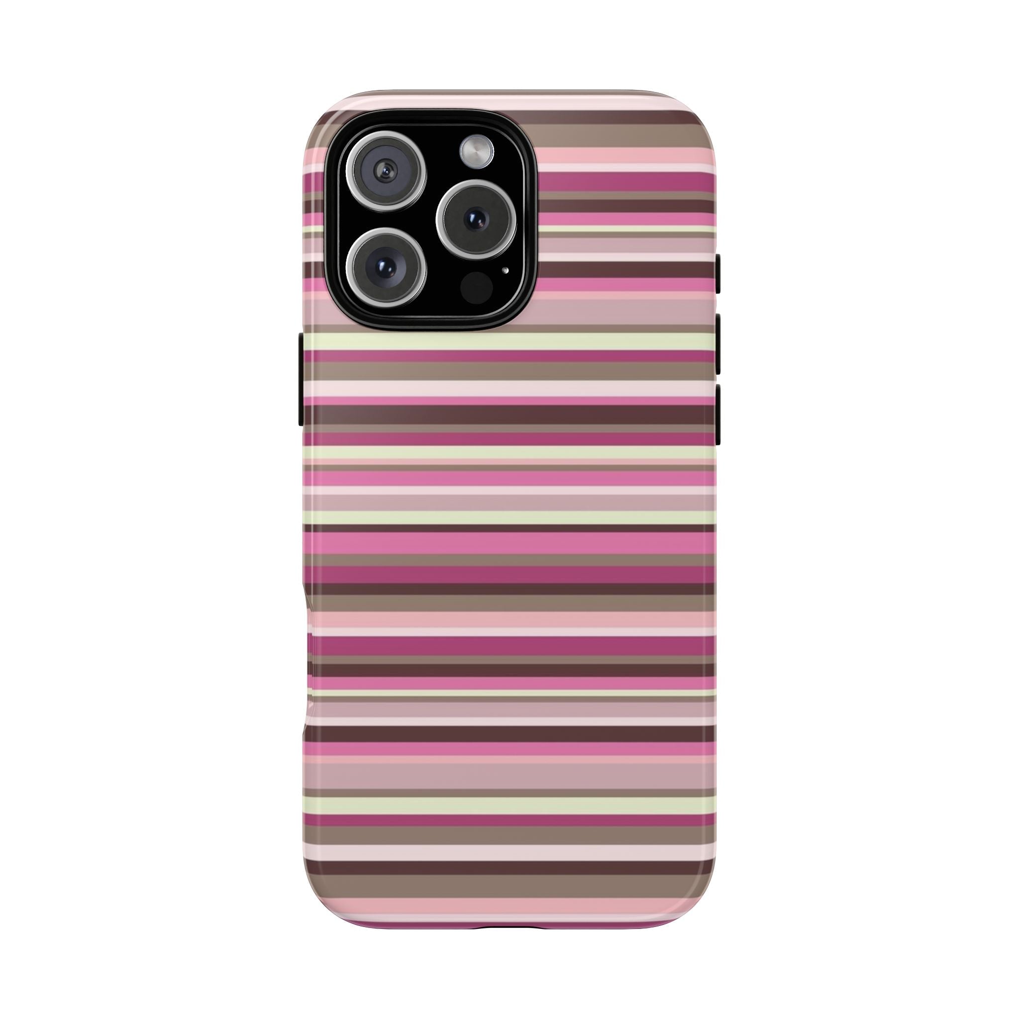 Pink, purple, and cream striped phone case with raised camera cutouts