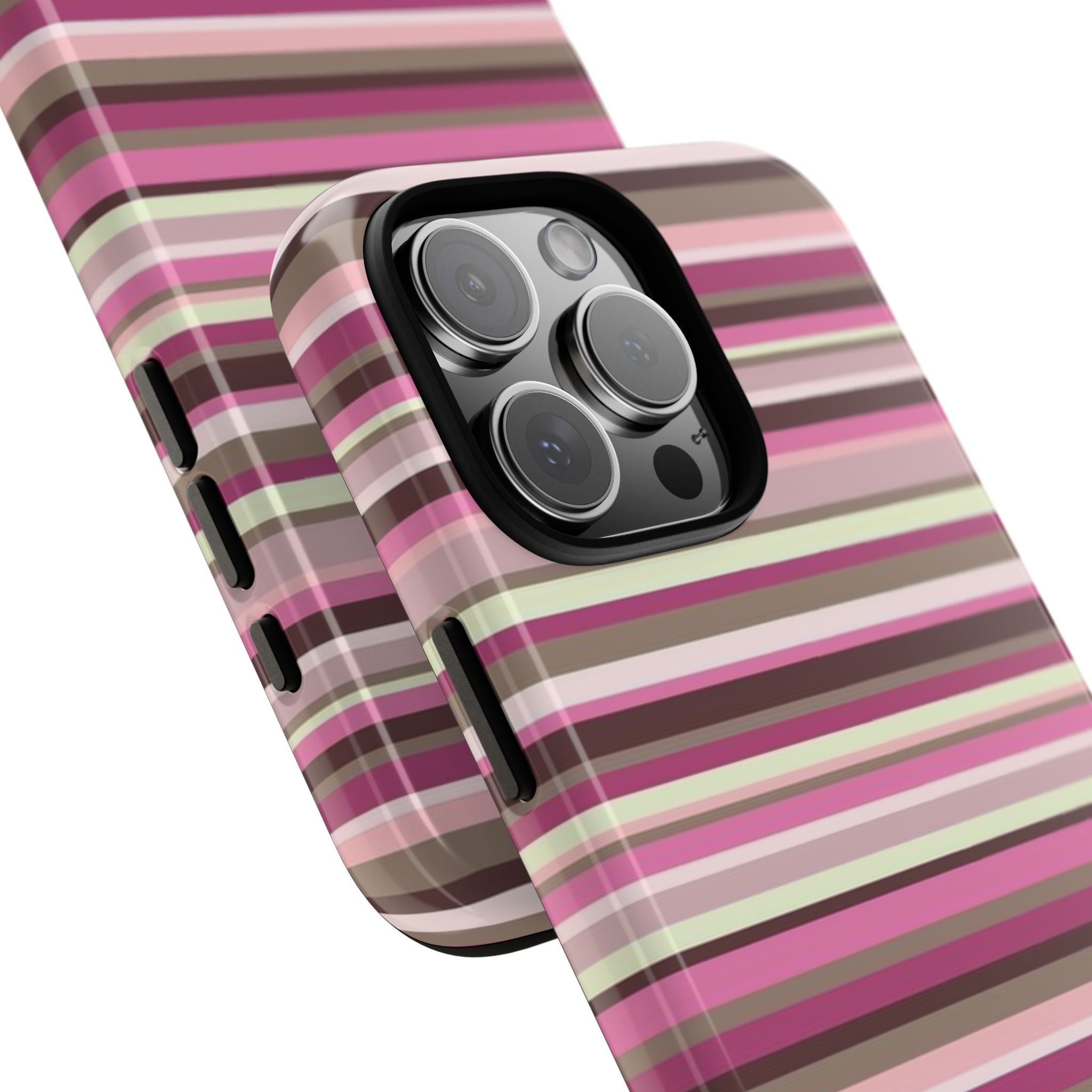 Diagonal view of pink-and-cream striped phone case with camera lens covers