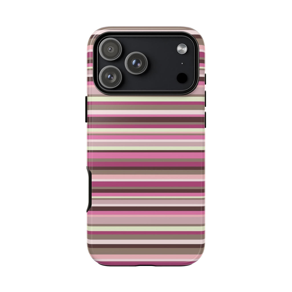 Striped phone case showing side buttons and camera bump, pink and cream bands
