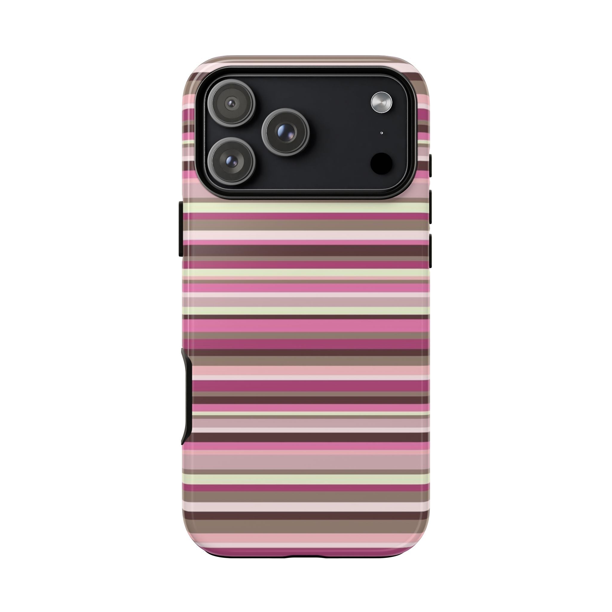 Striped phone case showing side buttons and camera bump, pink and cream bands