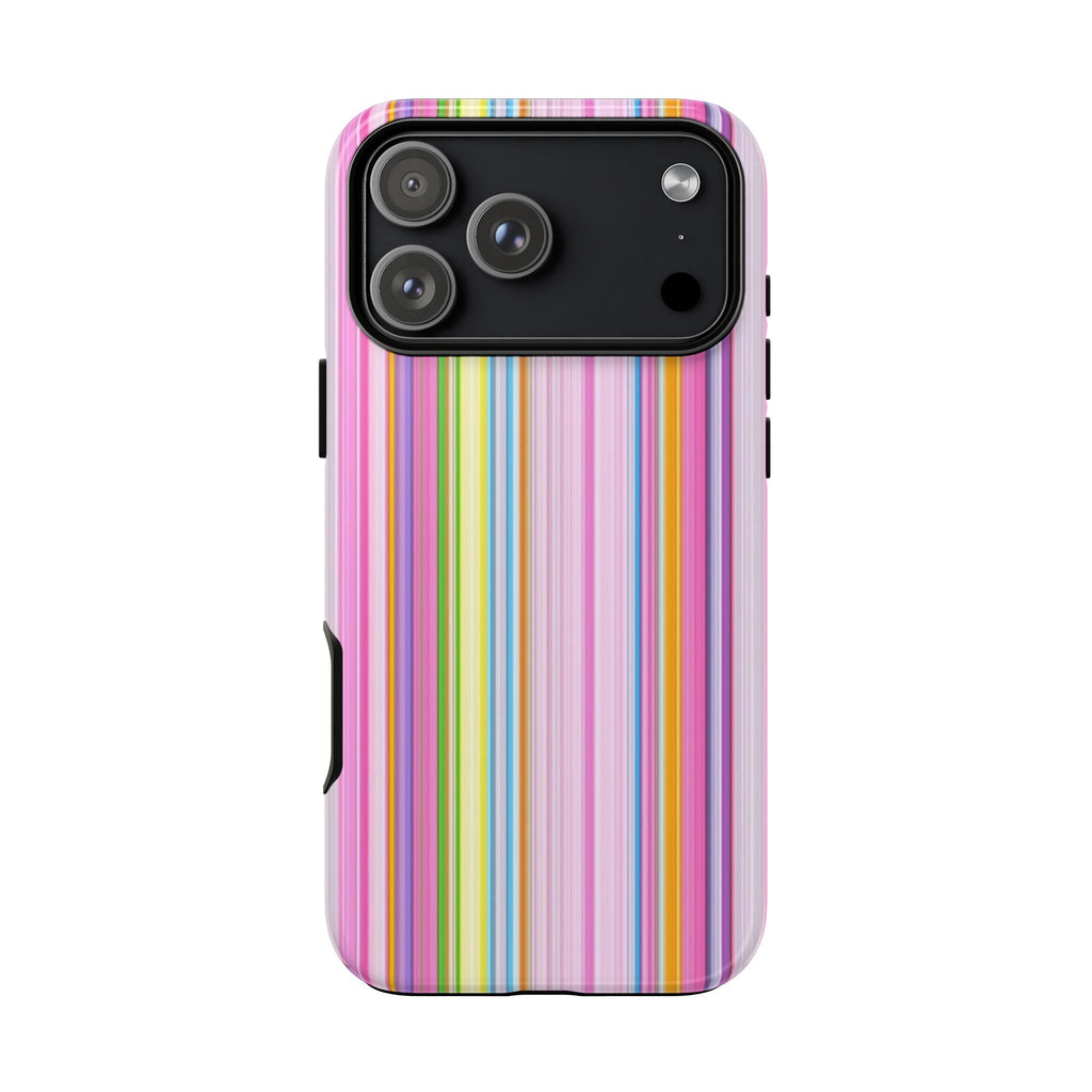 Rainbow striped phone case with front camera opening and vertical multi-color stripe pattern