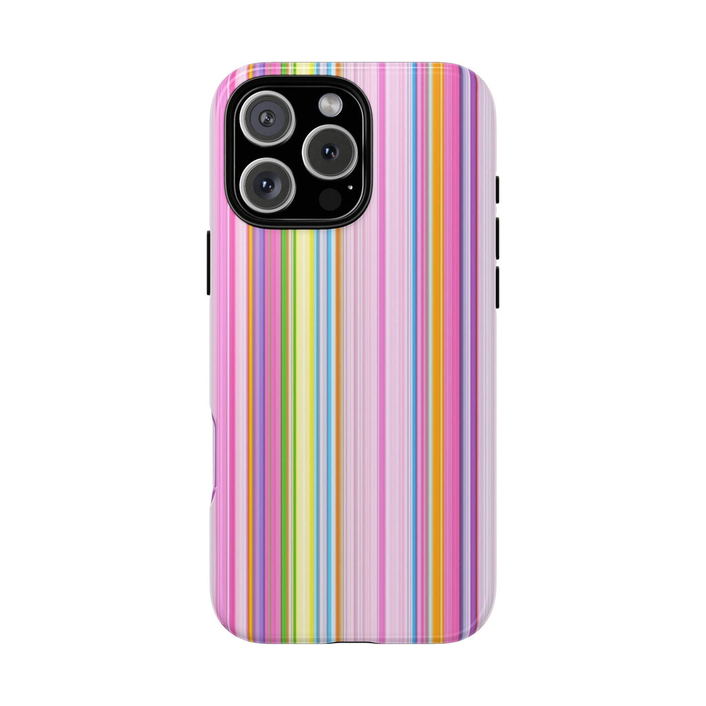 Rainbow stripe phone case with raised camera cutout and pink, vertical striped design