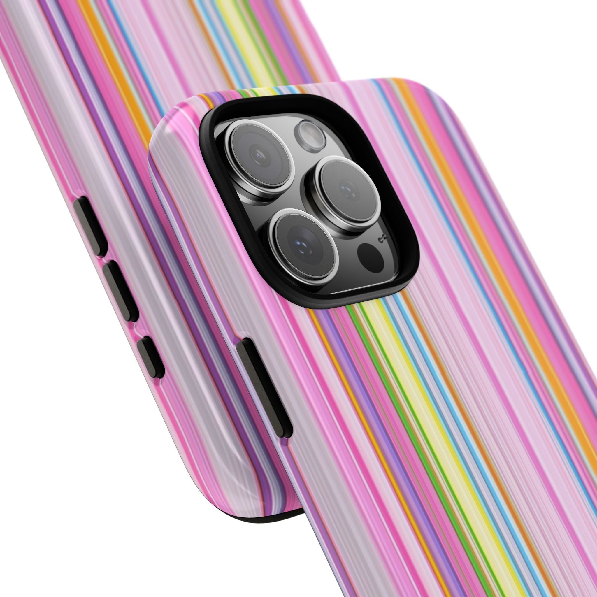 Angled view of rainbow stripe phone case with camera lens cutout and side button openings