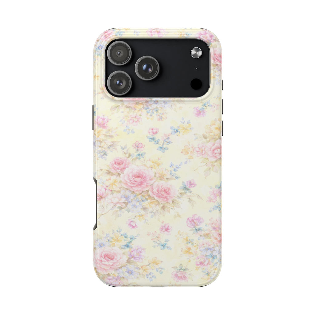Pastel floral phone case with soft rose and small blue blossoms, clean side button cutouts