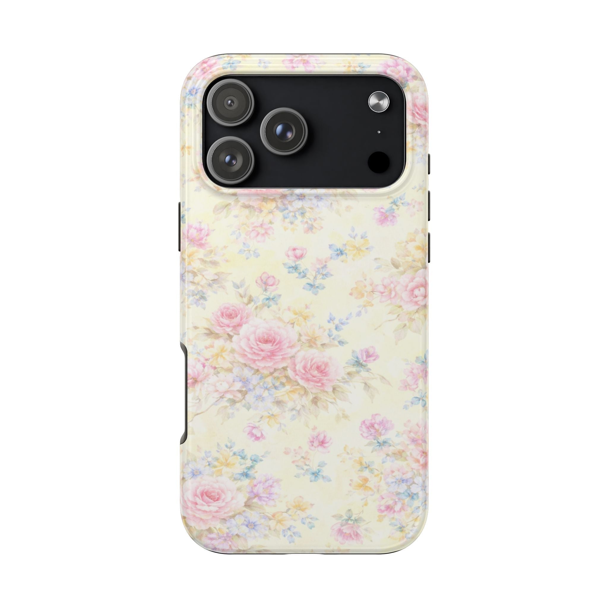 Pastel floral phone case with soft rose and small blue blossoms, clean side button cutouts