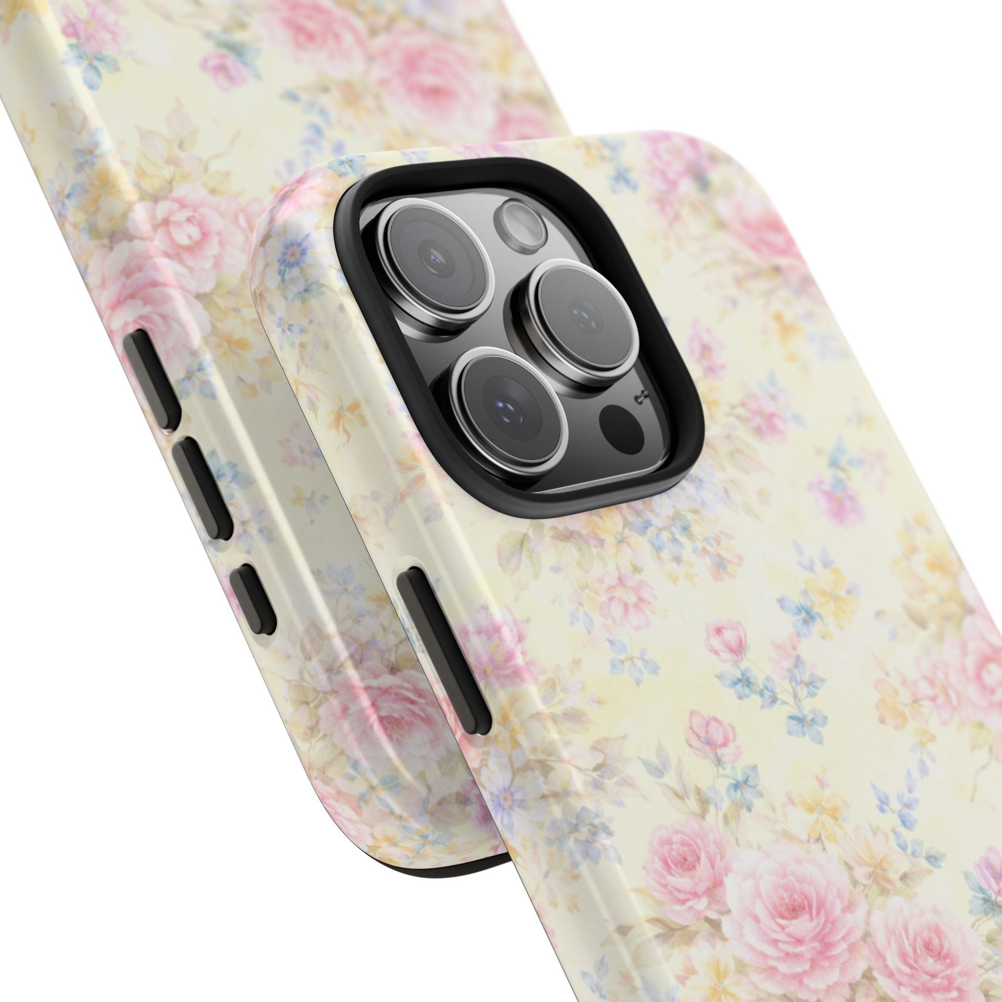 Pastel floral slim phone case, corner and side edge view with camera lens protection frame