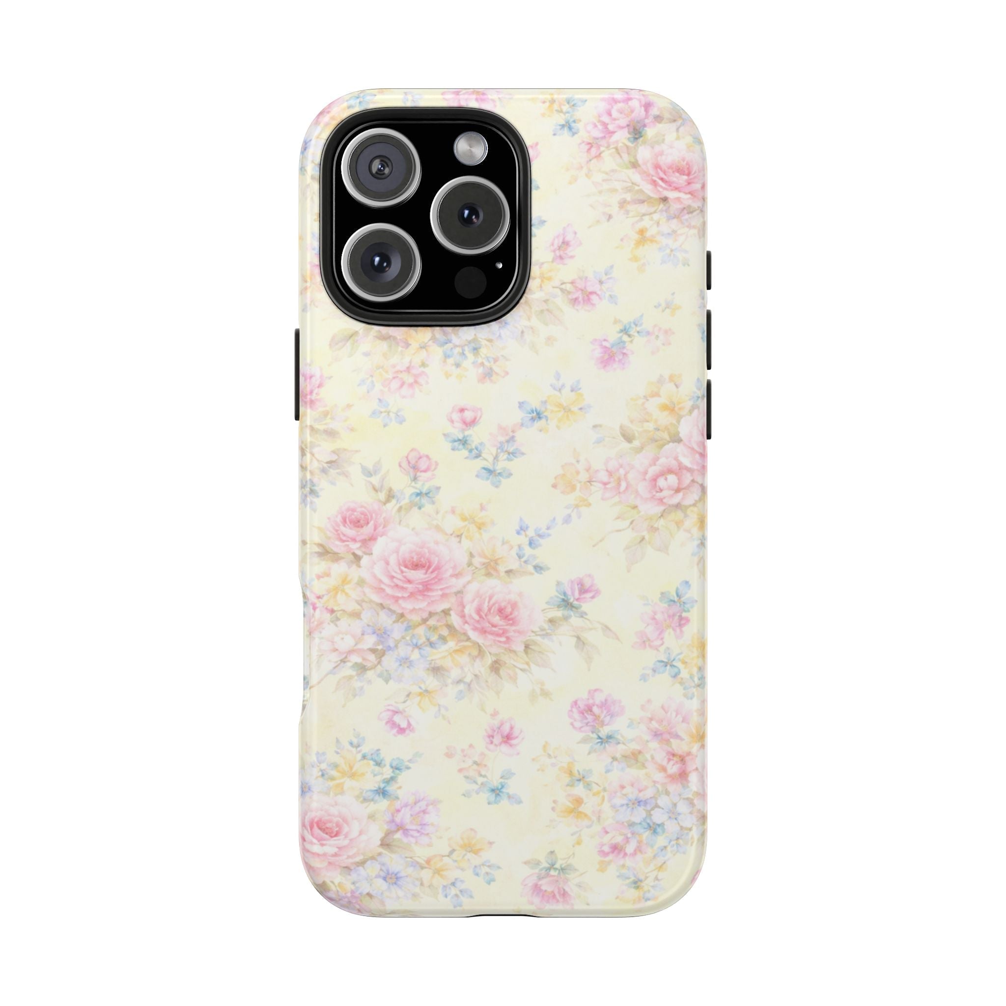 Pastel floral phone case with rose and blue flower pattern, raised camera cutout trim