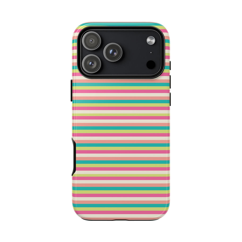 Rainbow striped phone case, raised edges around camera module and side buttons
