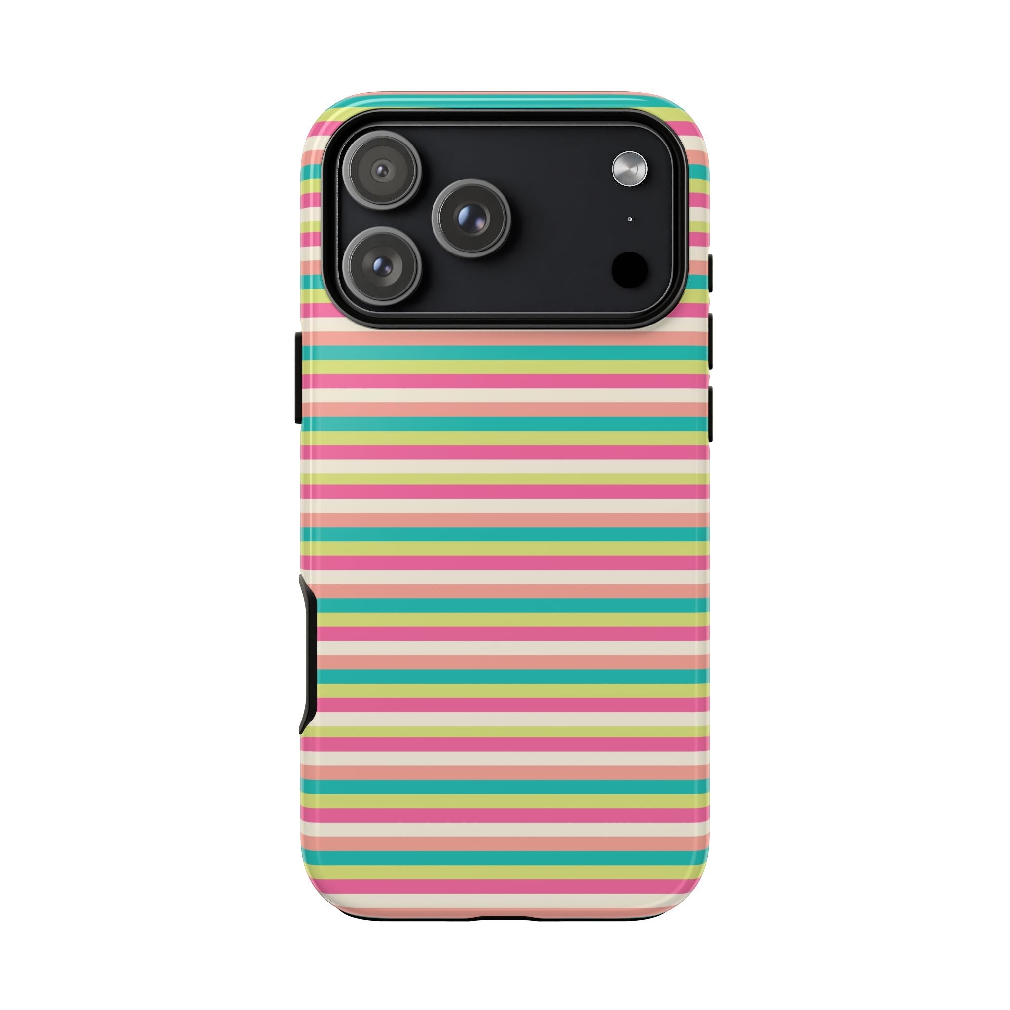 Rainbow striped phone case, raised edges around camera module and side buttons