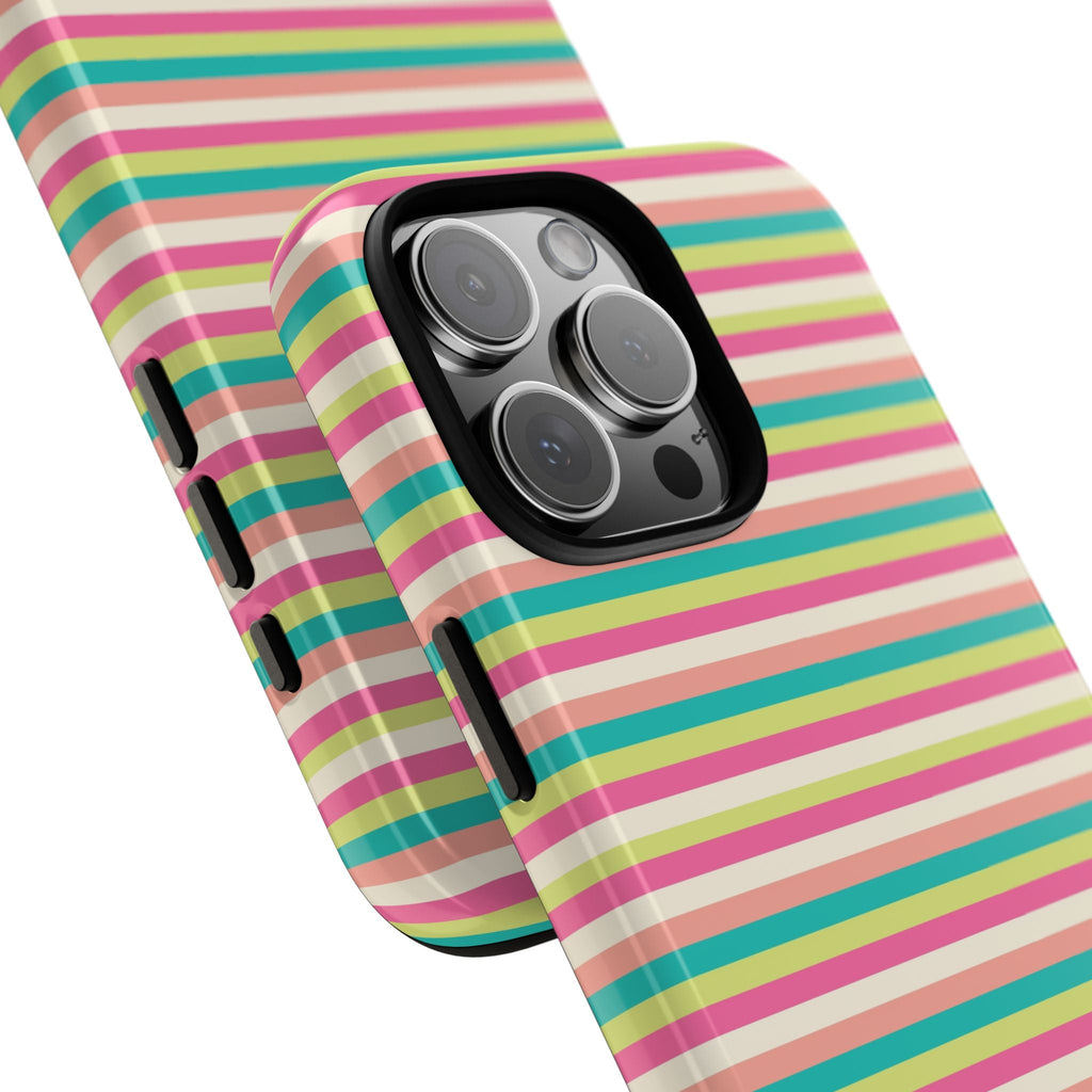 Striped phone case with rainbow bands and camera-lens cutouts