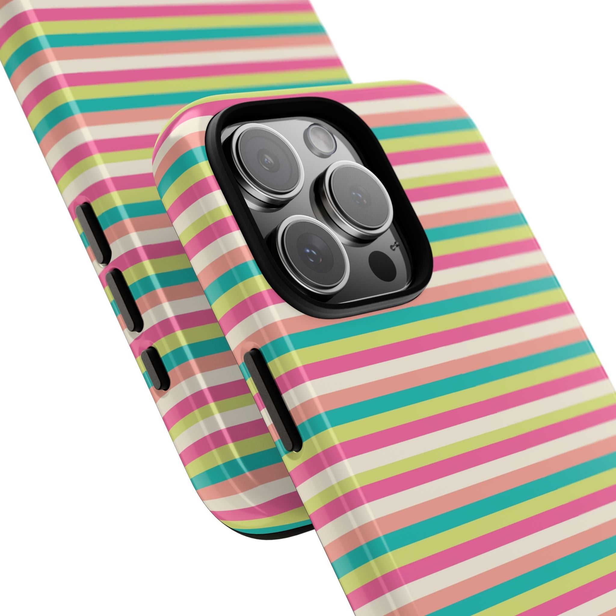 Striped phone case with rainbow bands and camera-lens cutouts