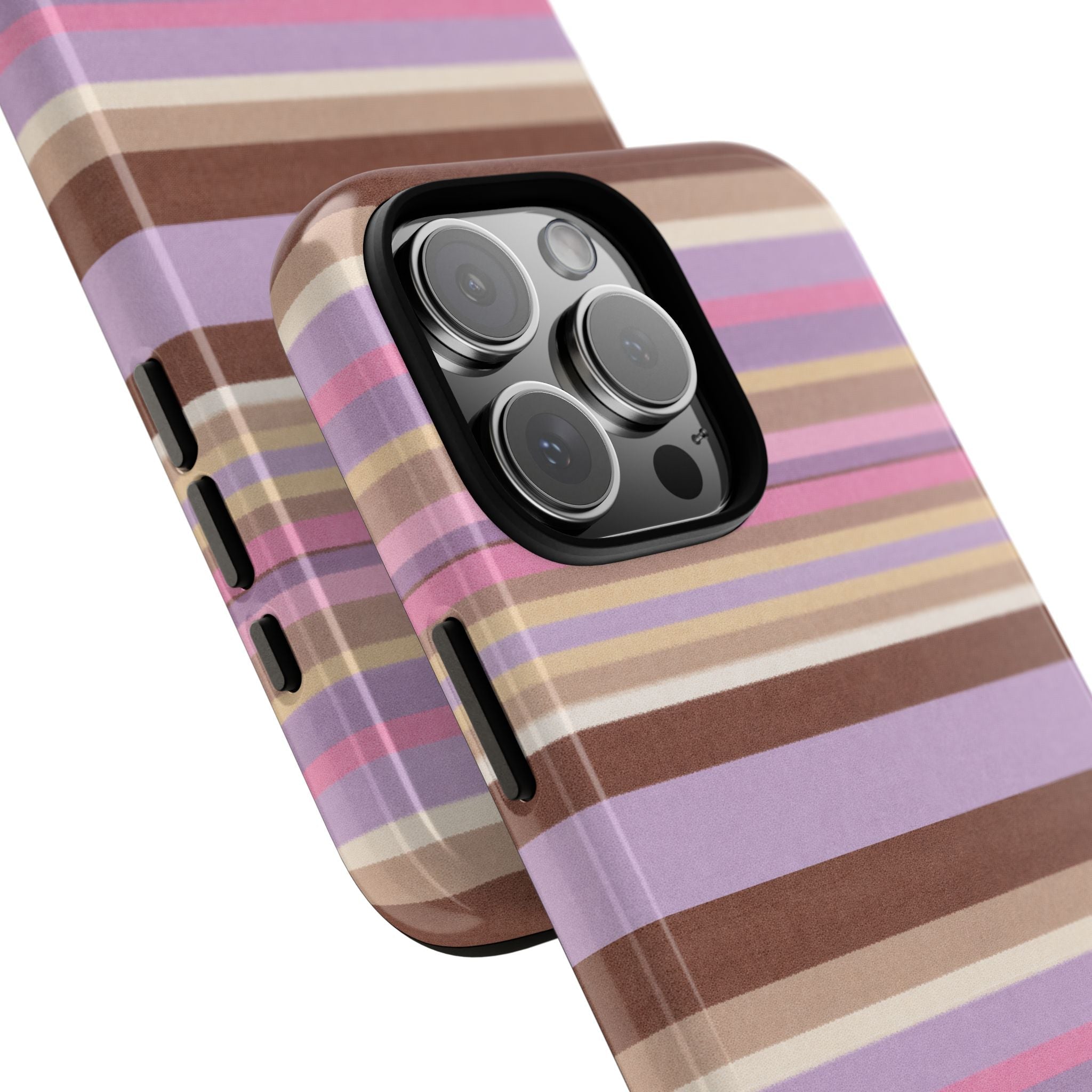Two phone cases overlapping; rose, lavender, and tan striped pattern with visible camera lenses