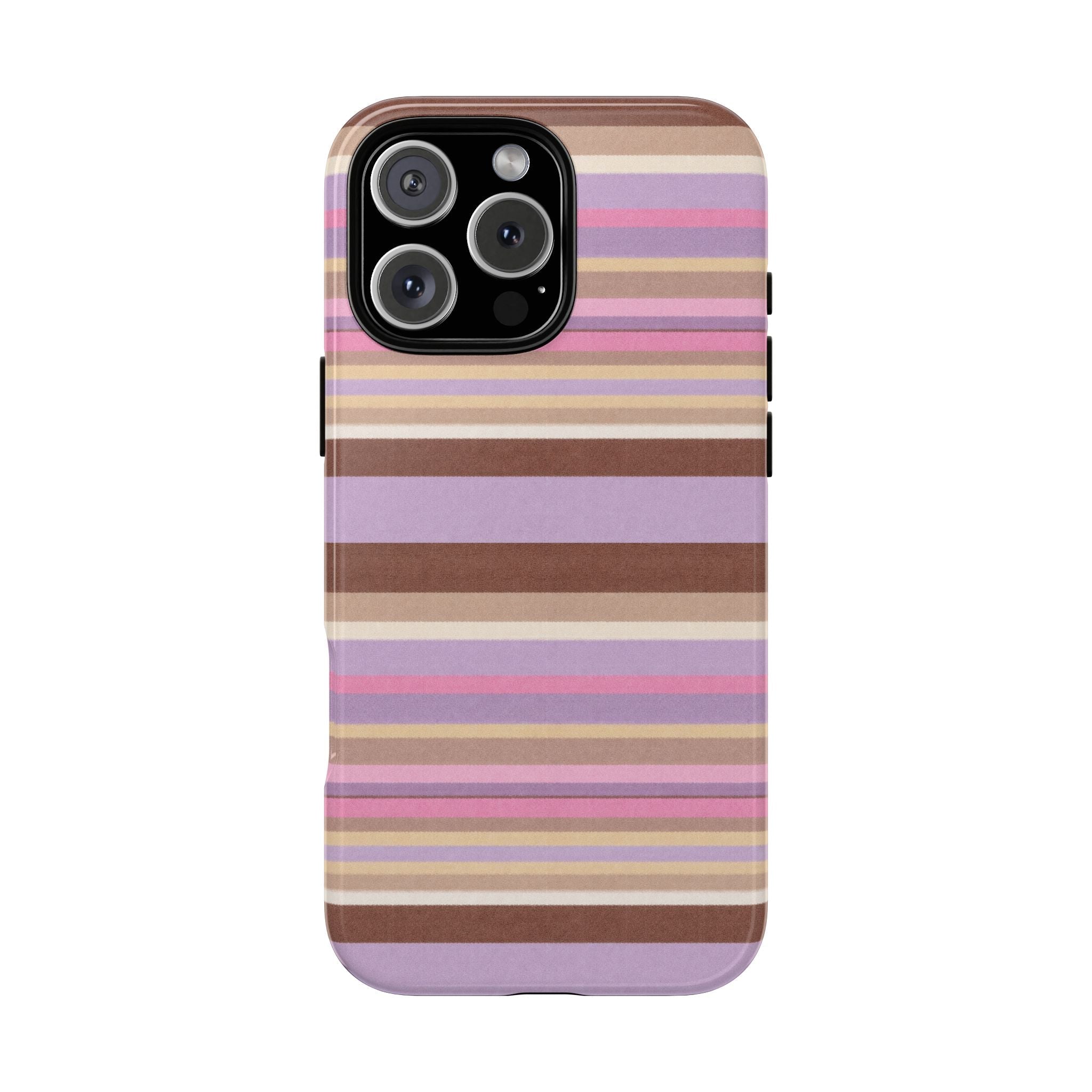 Phone case with horizontal rose, lavender, and tan stripes and raised camera cutout