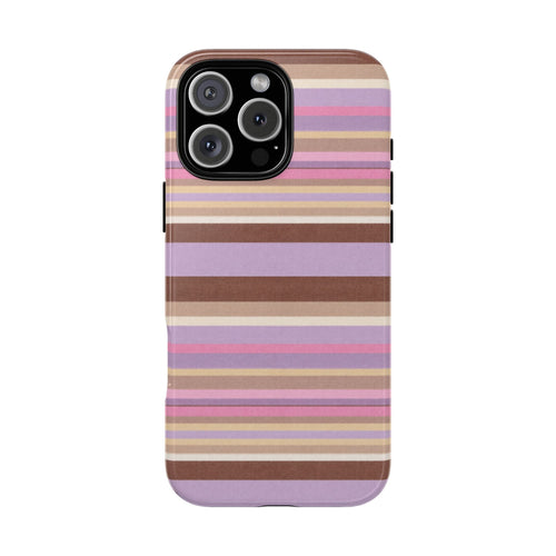 Phone case with horizontal rose, lavender, and tan stripes and raised camera cutout
