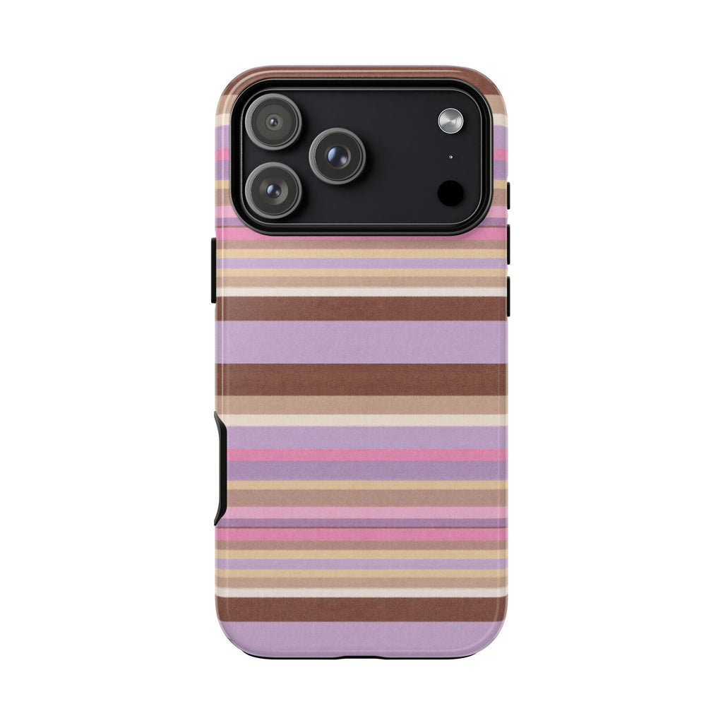 Phone case with horizontal rose, lavender, and tan stripes; side buttons and camera cutout
