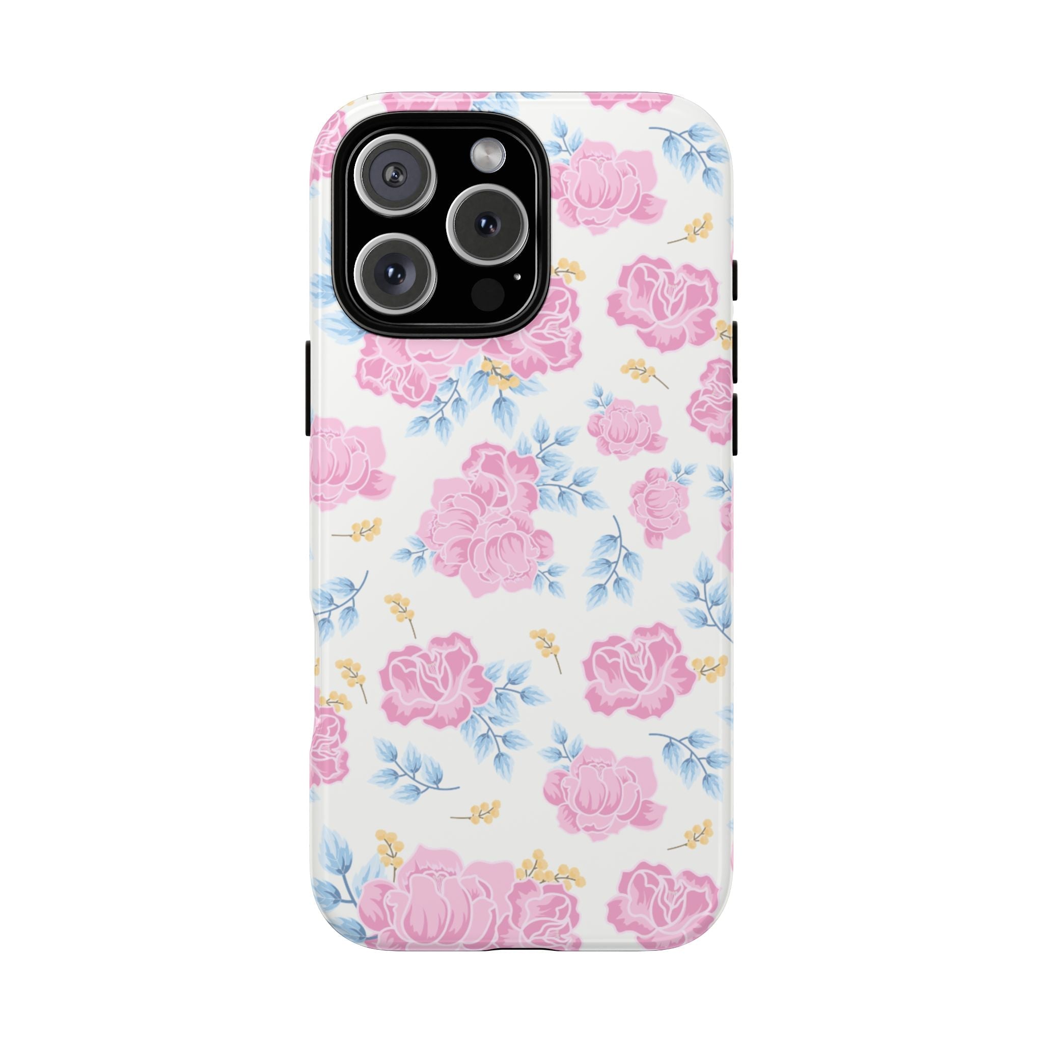 Rose garden floral phone case with pink roses and blue leaves, camera cutout design