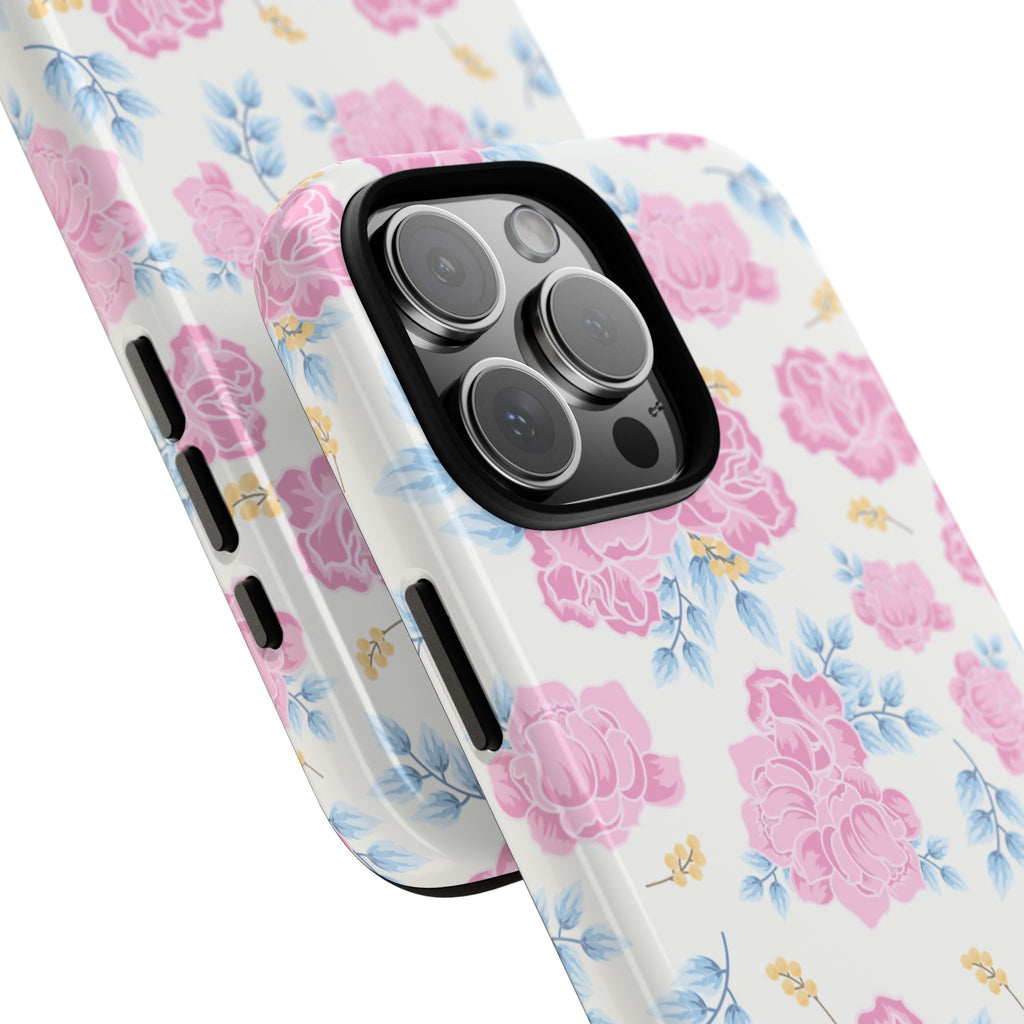 Rose garden floral phone case shown at angle, glossy pink roses with blue foliage