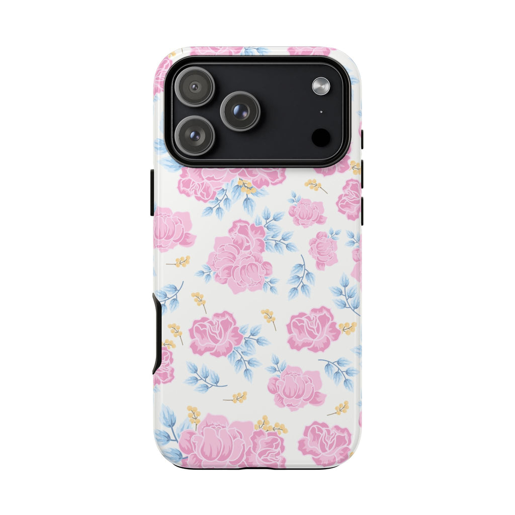 Rose garden floral phone case, pink and blue rose pattern with raised camera cover