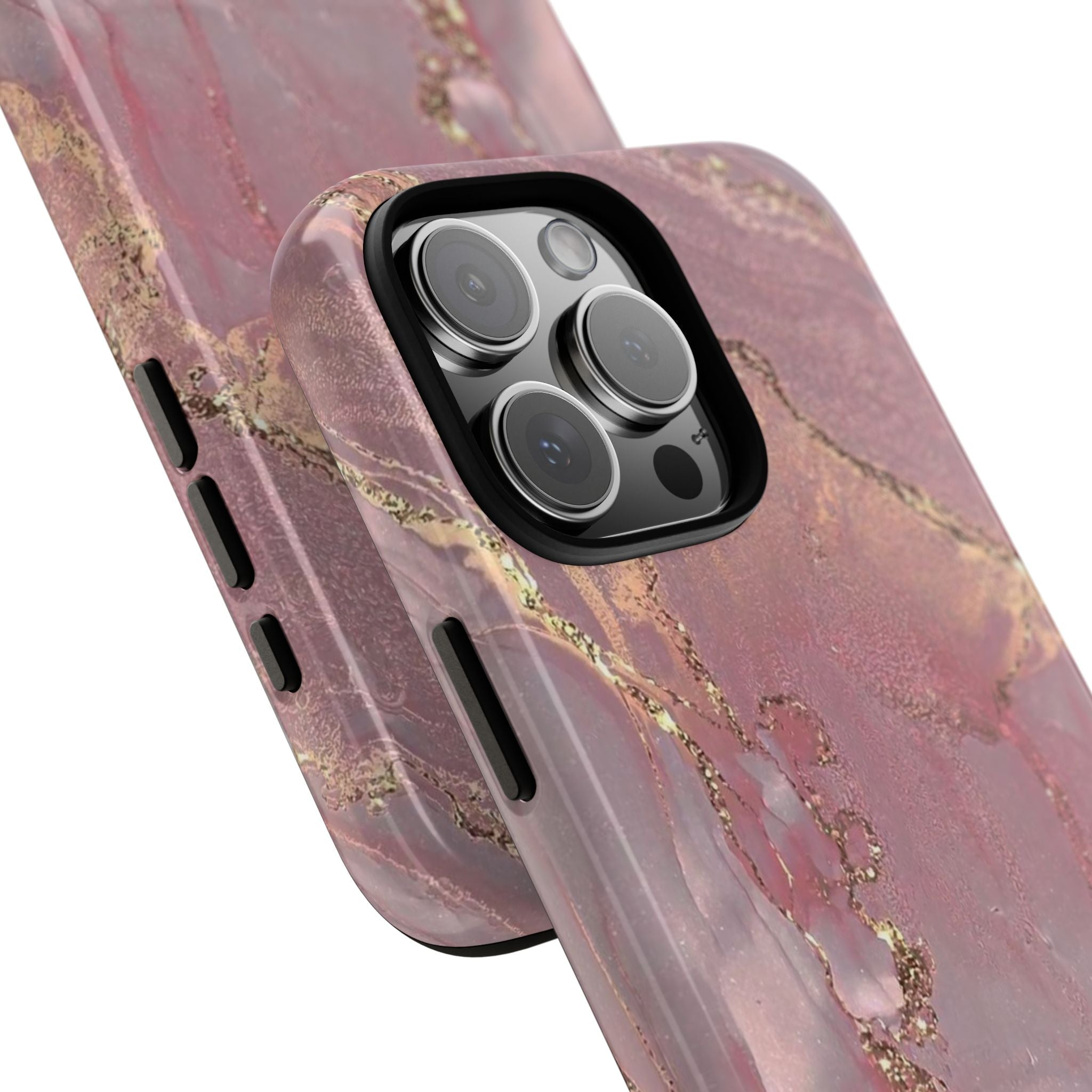 Rose gold quartz phone case angled view with raised camera bump