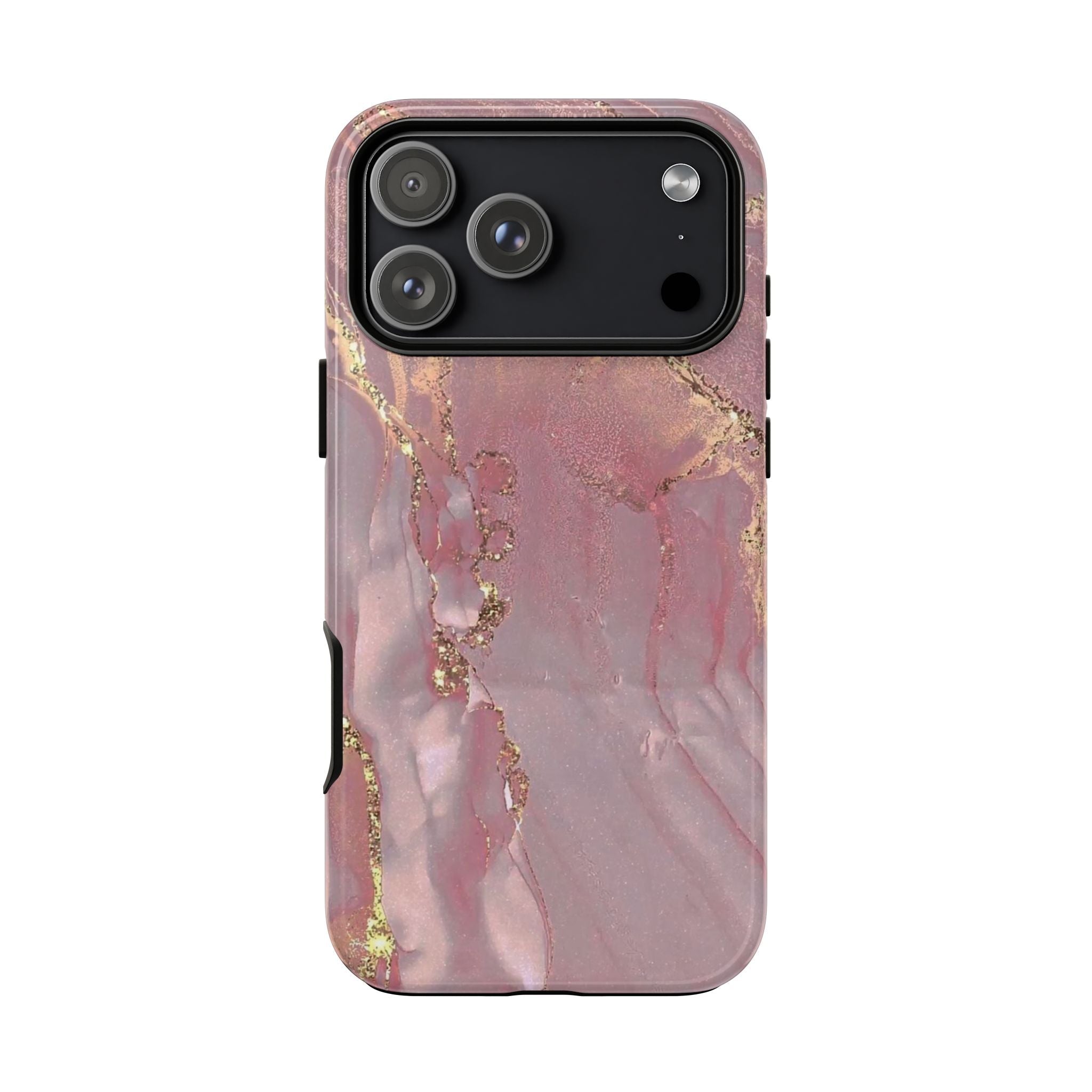 Rose gold quartz phone case with gold veining, side buttons visible