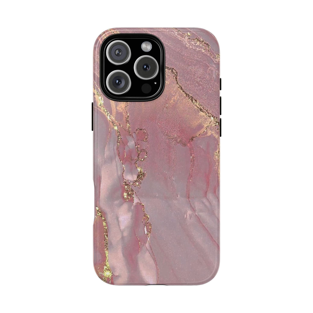 Rose gold quartz phone case with gold veining and camera cutouts