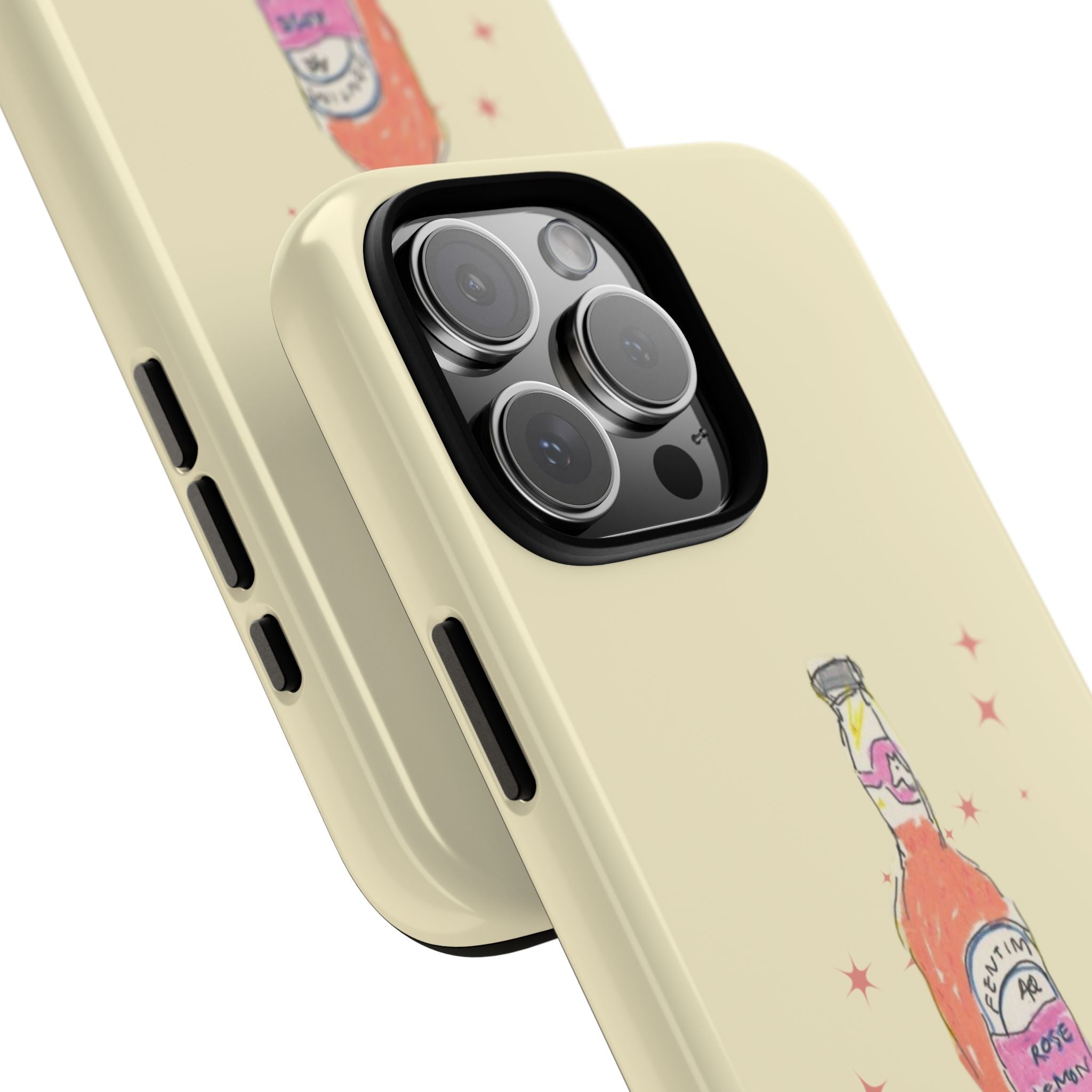 Cream phone case side view with rose lemonade bottle print and camera lens openings
