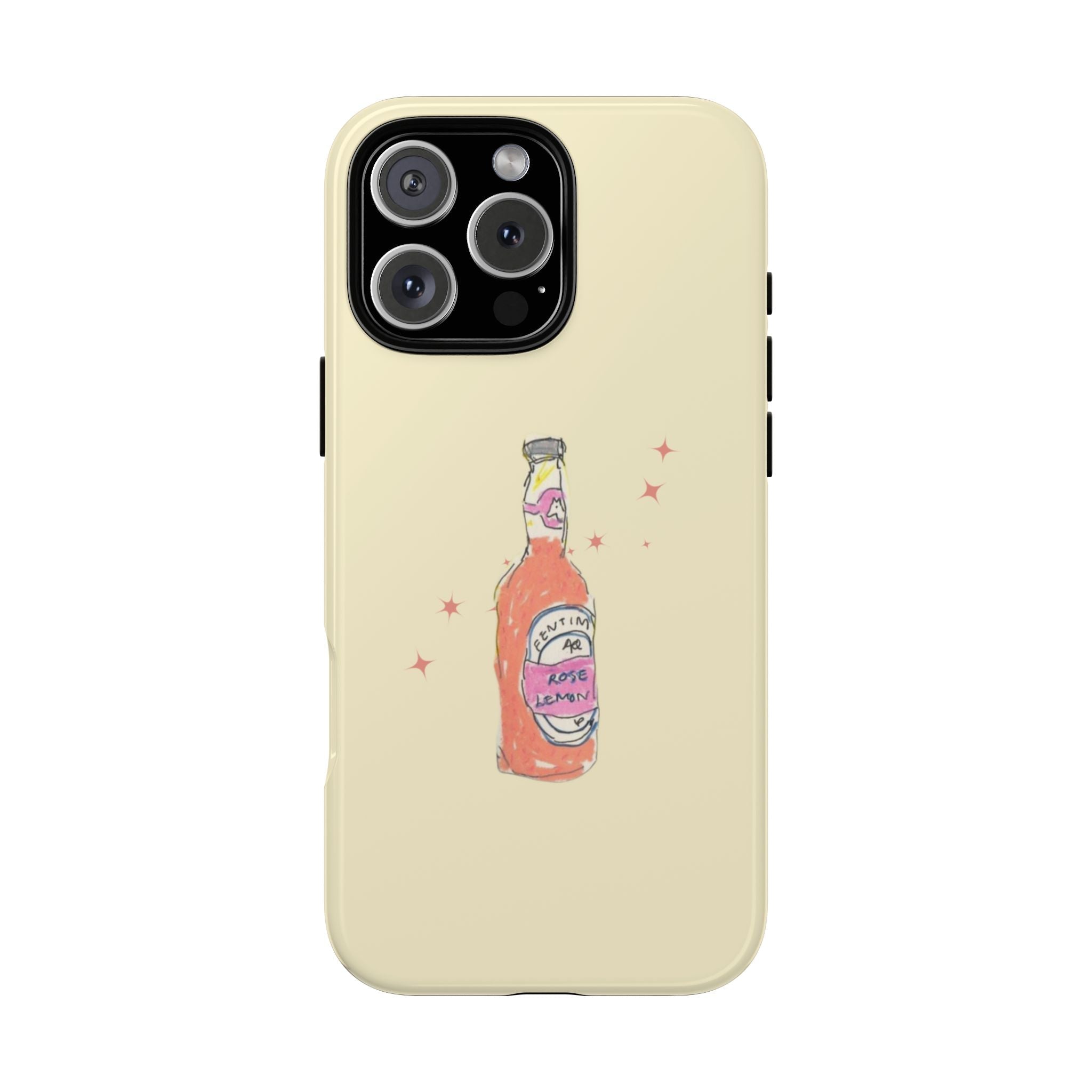Cream phone case with rose lemonade bottle illustration and four-camera cutout